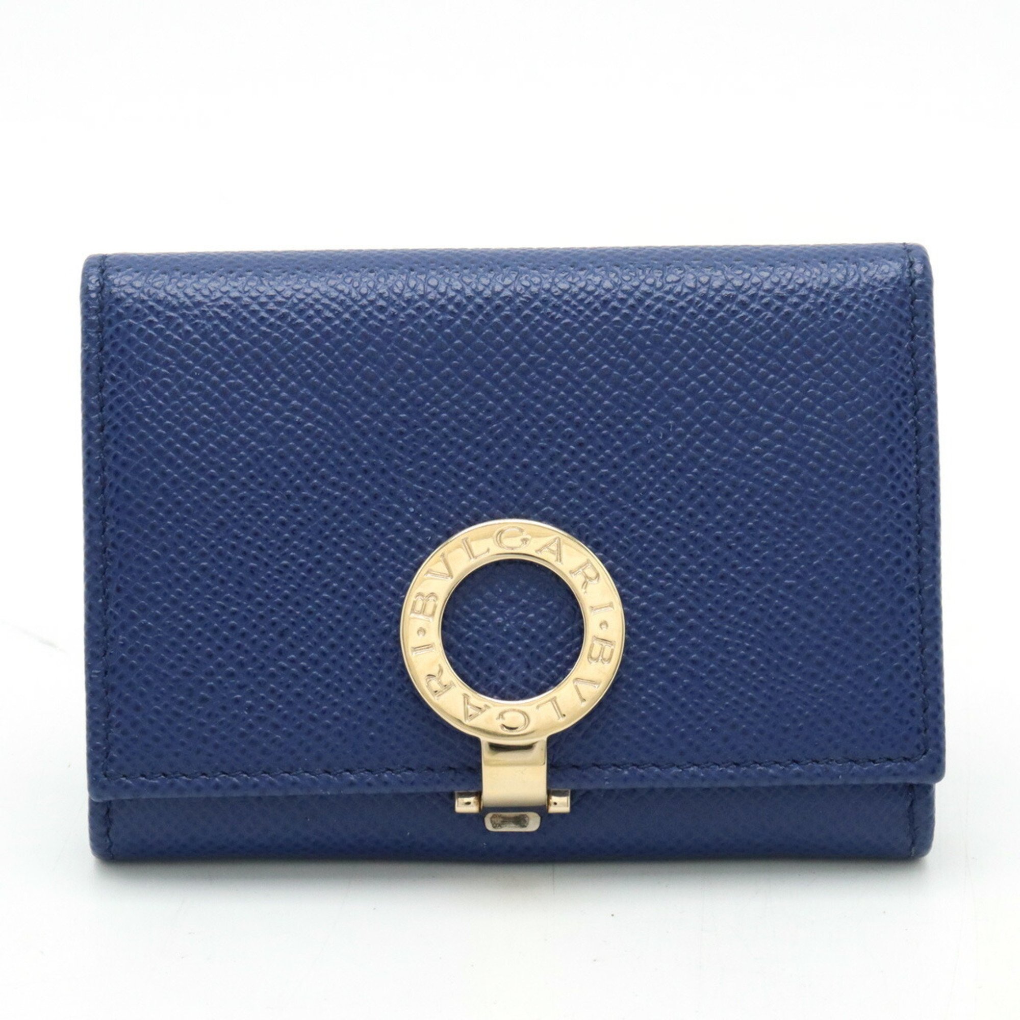 BVLGARI Clip Card Case Business Holder Pass ID Grain Leather Blue 30420