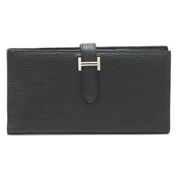 HERMES Bearn Soufflet Bi-fold Long Wallet Chevre Leather Black O Stamp