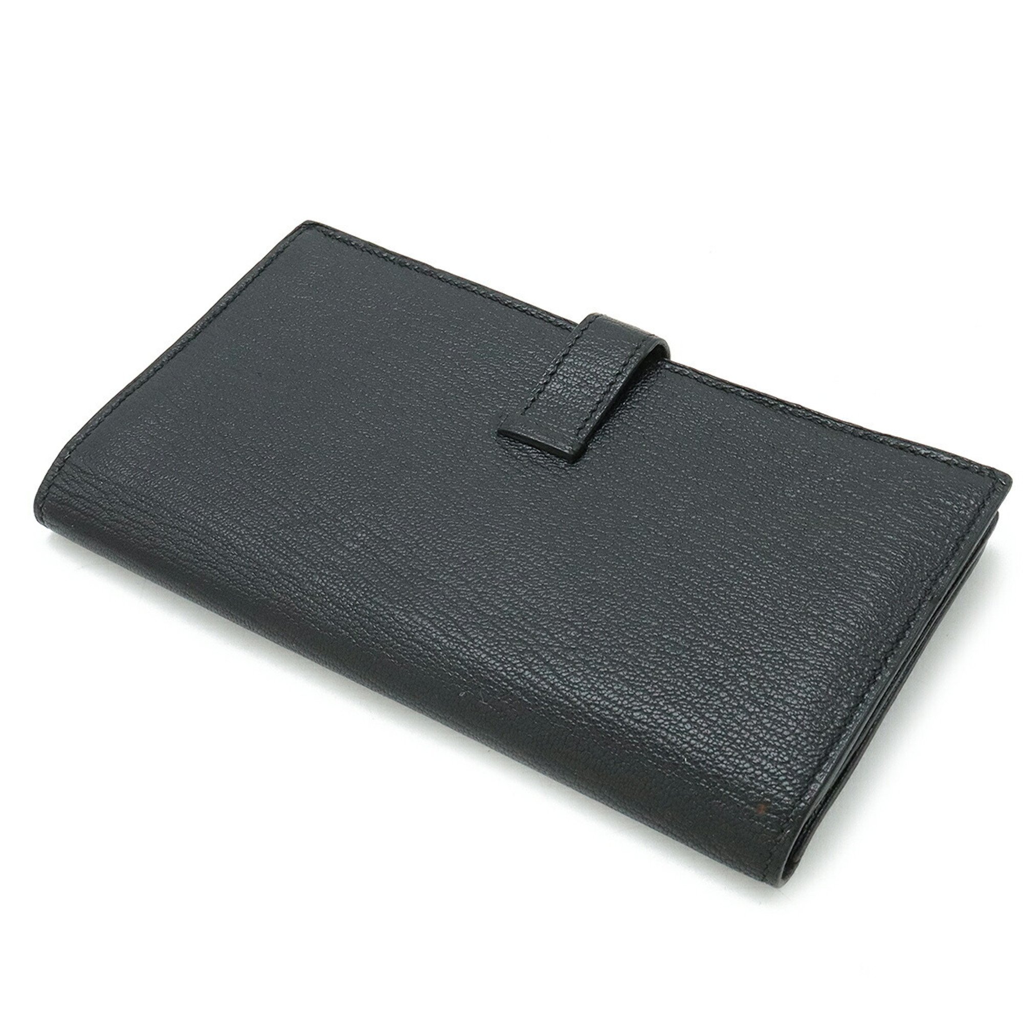 HERMES Bearn Soufflet Bi-fold Long Wallet Chevre Leather Black O Stamp