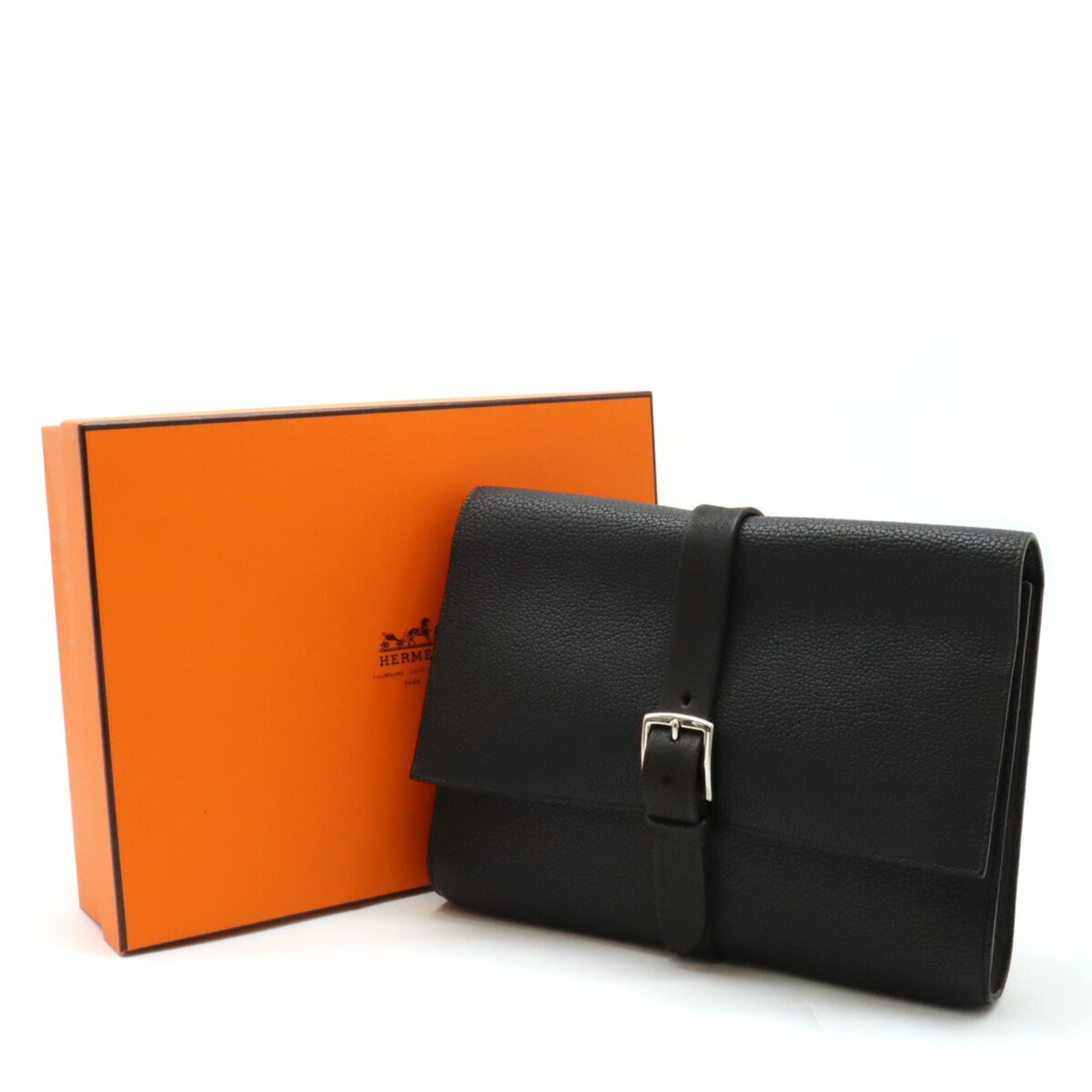 HERMES Etrivier Clutch Bag Second Leather Black T Stamp