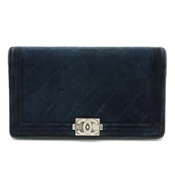 CHANEL Boy Chanel Matelasse Coco Mark Bi-fold Long Wallet Velour Leather Dark Navy A80285