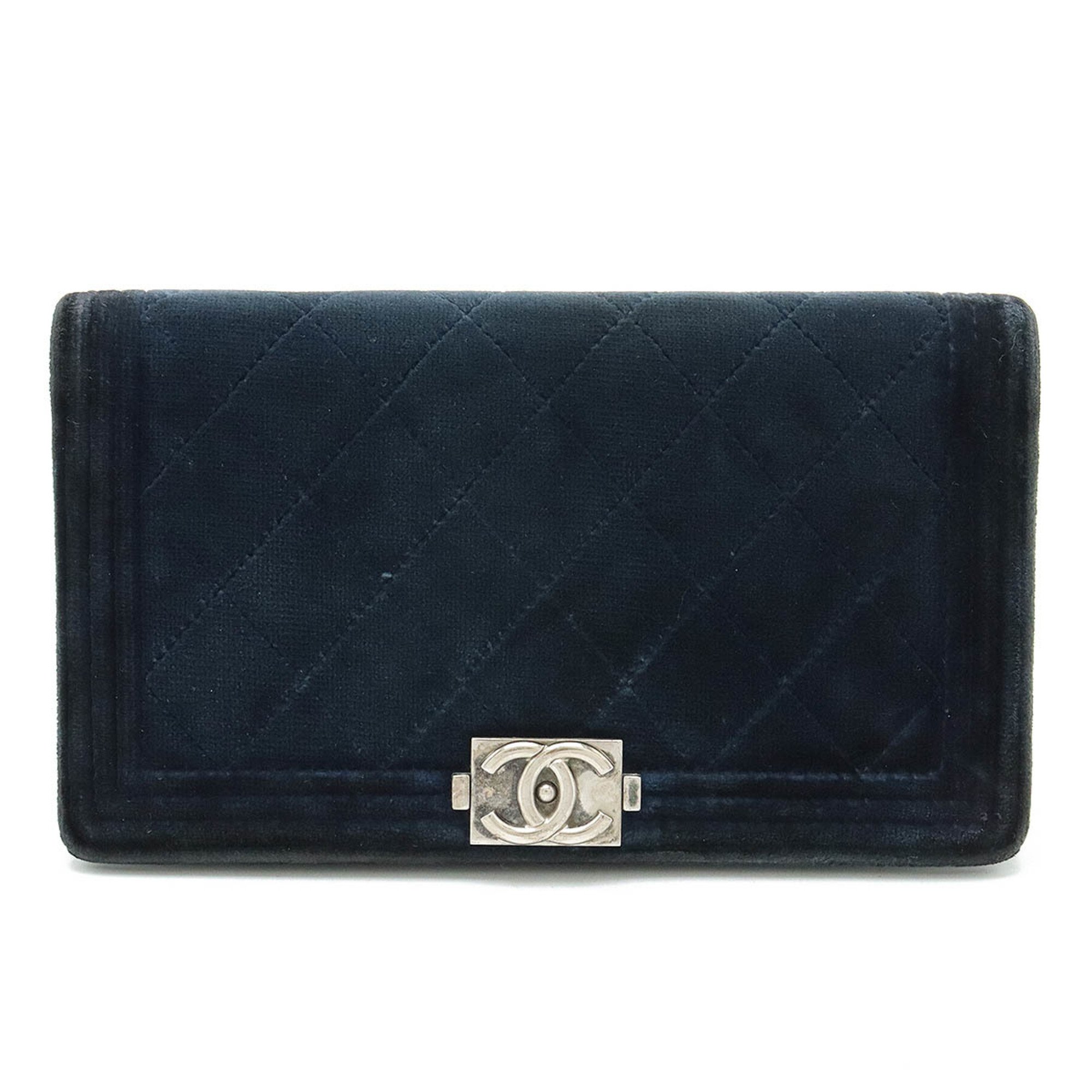 CHANEL Boy Chanel Matelasse Coco Mark Bi-fold Long Wallet Velour Leather Dark Navy A80285