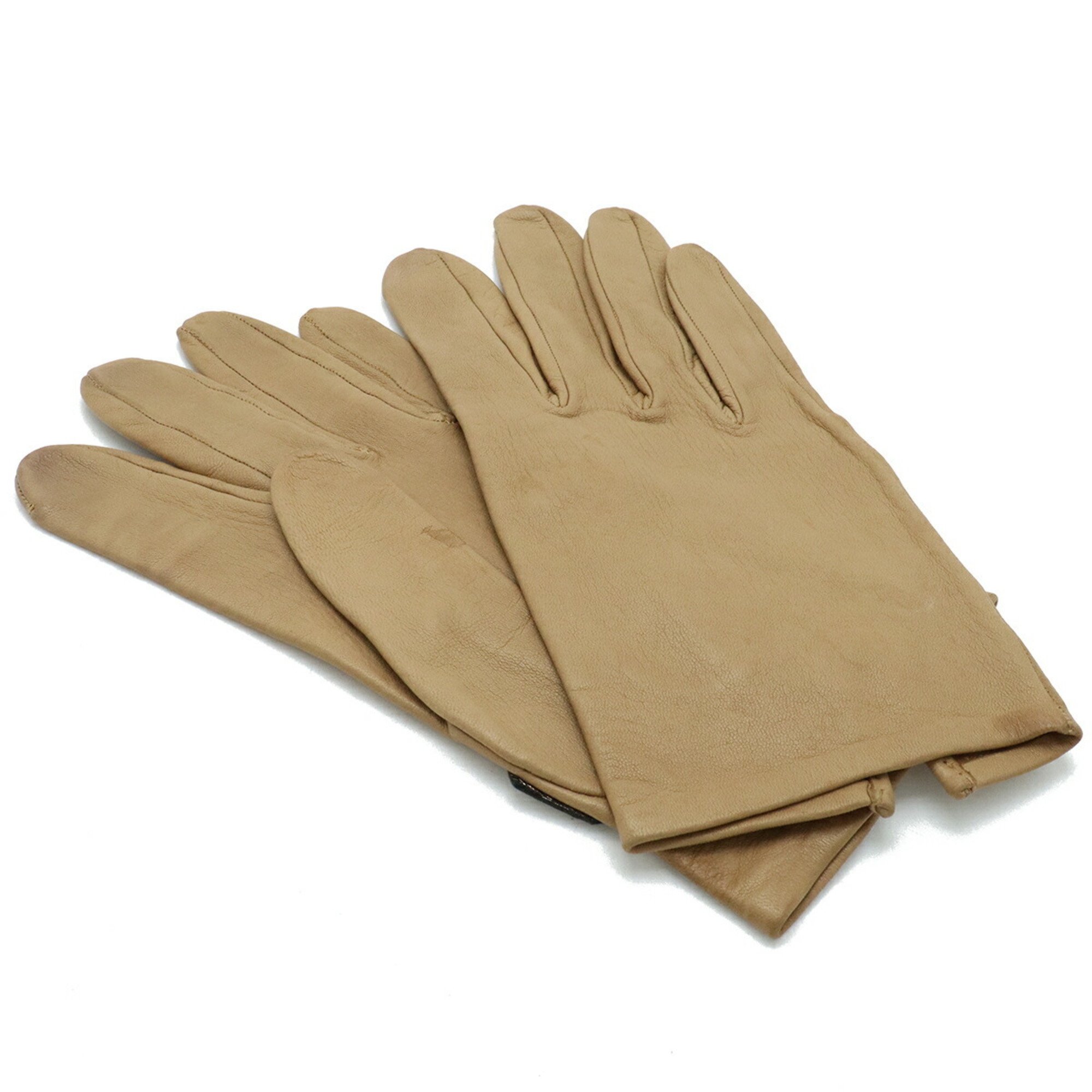 HERMES H Gloves Lambskin Leather Beige Gold #7.5