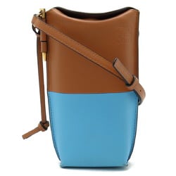 LOEWE Anagram Gate Pocket Shoulder Bag Pouch Pochette Soft Calf Leather Brown Light Blue 113.54IZ42