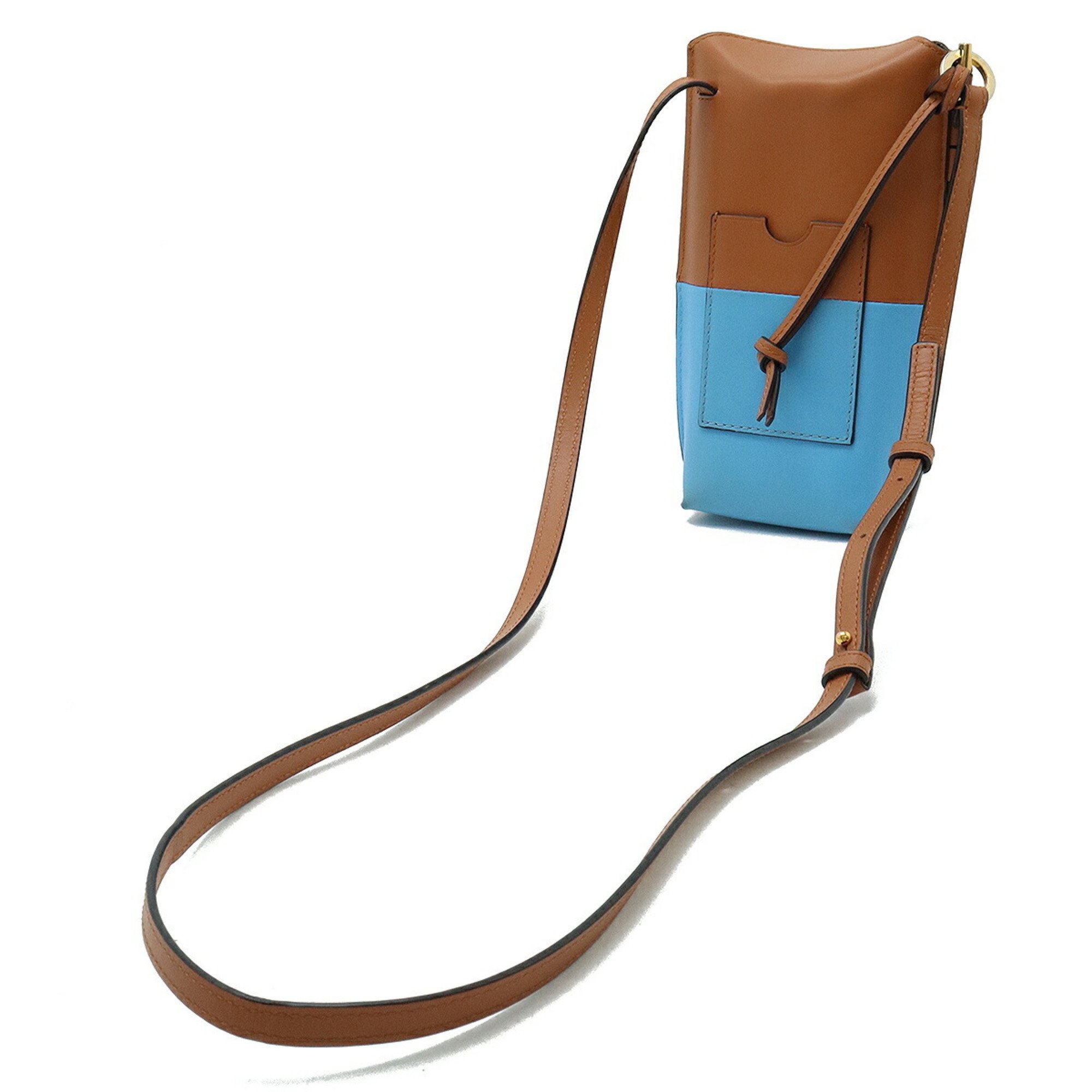 LOEWE Anagram Gate Pocket Shoulder Bag Pouch Pochette Soft Calf Leather Brown Light Blue 113.54IZ42