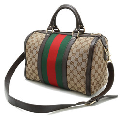 GUCCI Gucci GG Canvas Sherry Line Handbag Boston Shoulder Bag Leather Khaki Beige Dark Brown 247205