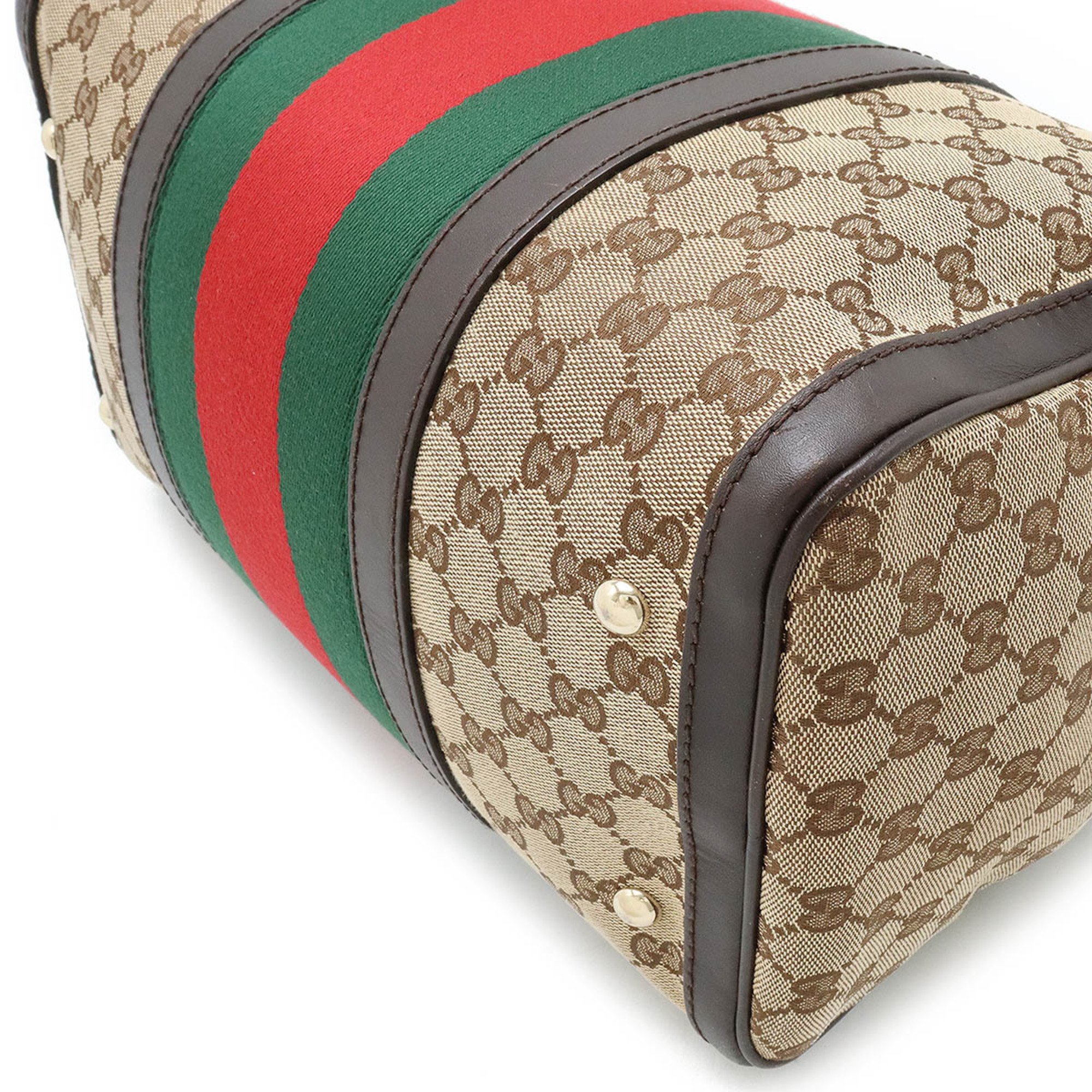 GUCCI Gucci GG Canvas Sherry Line Handbag Boston Shoulder Bag Leather Khaki Beige Dark Brown 247205