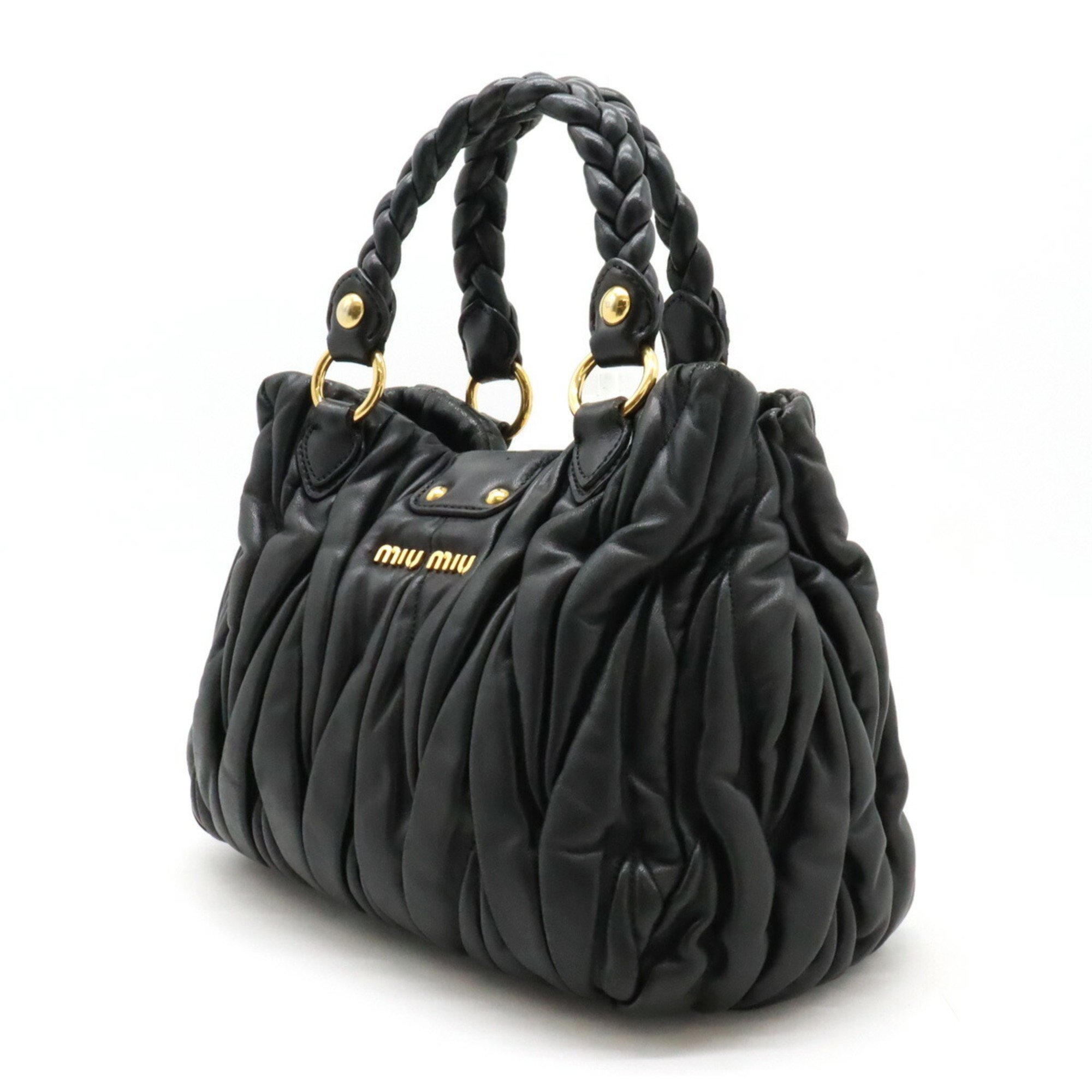 Miu Miu Miu Matelasse Gathered Handbag Handle Leather Black RN0473