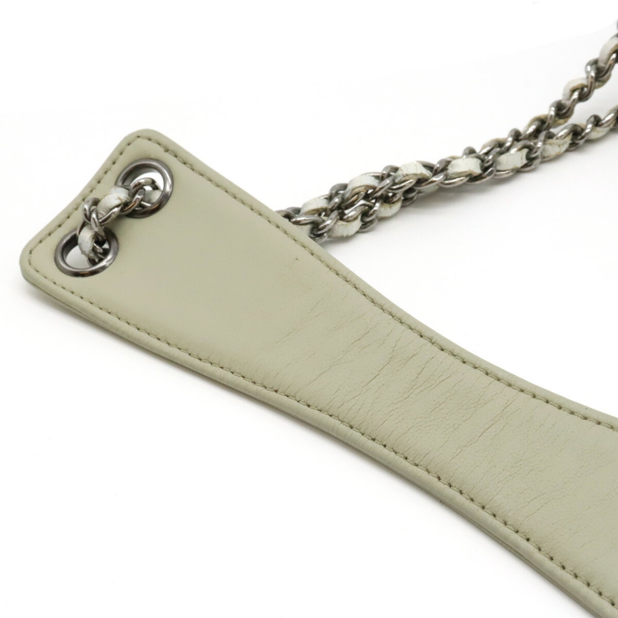 CHANEL Chocolate Bar Matelasse Chain Shoulder Bag Leather White Light Grey