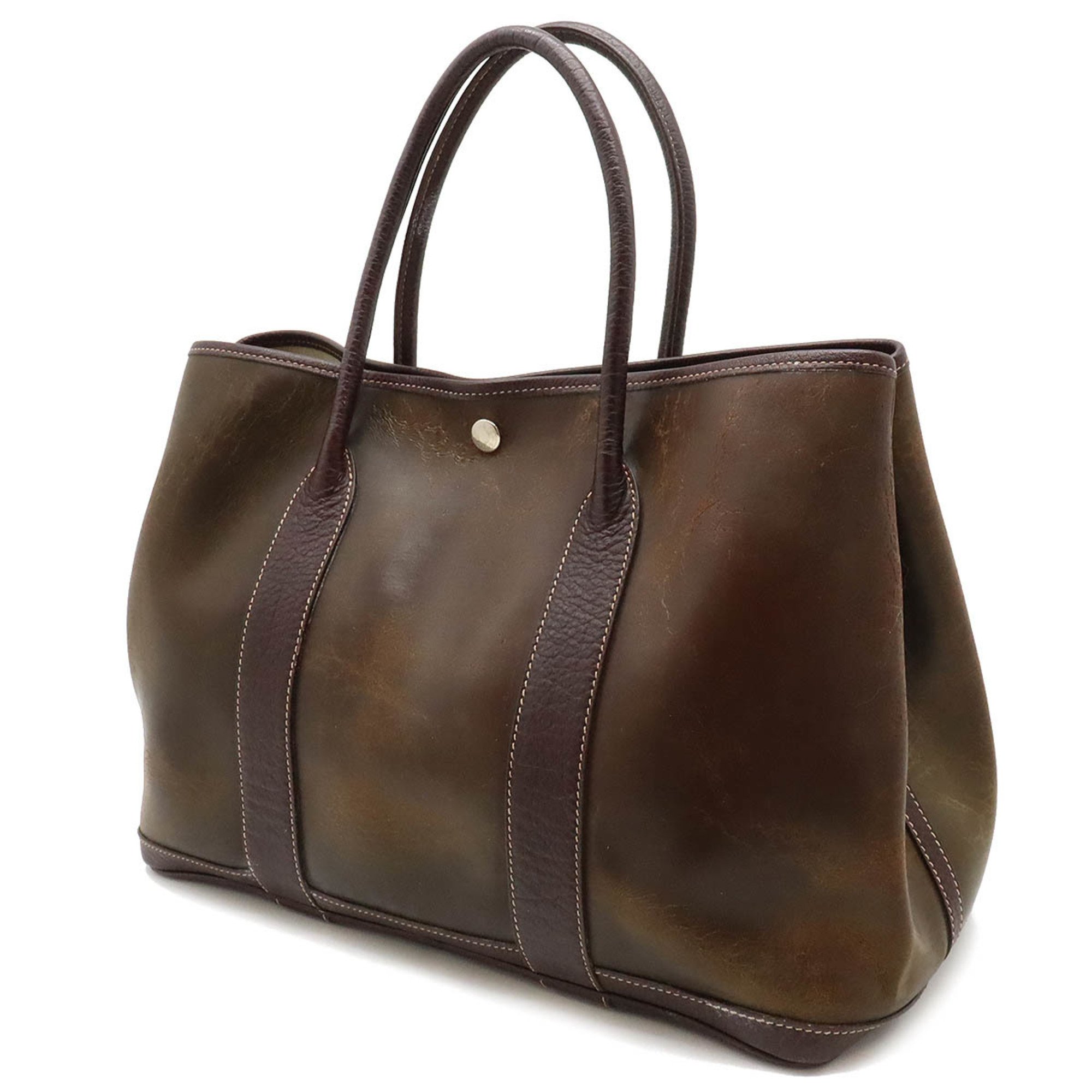 HERMES Garden PM Tote Bag Handbag Amazonia Leather Dark Brown