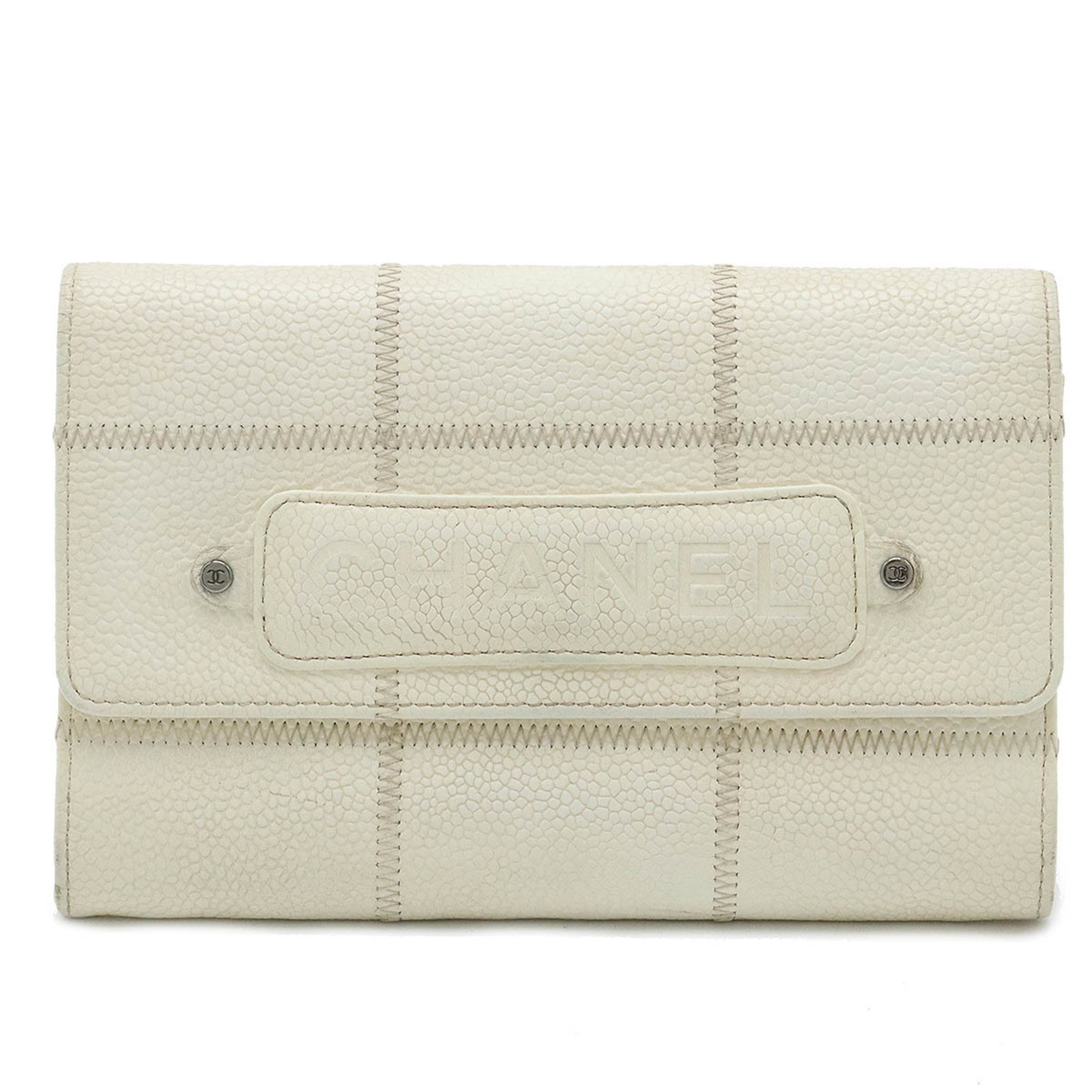 CHANEL Chocolate Bar Bi-fold Wallet with Coin Purse, Caviar Skin, Leather, Off-White