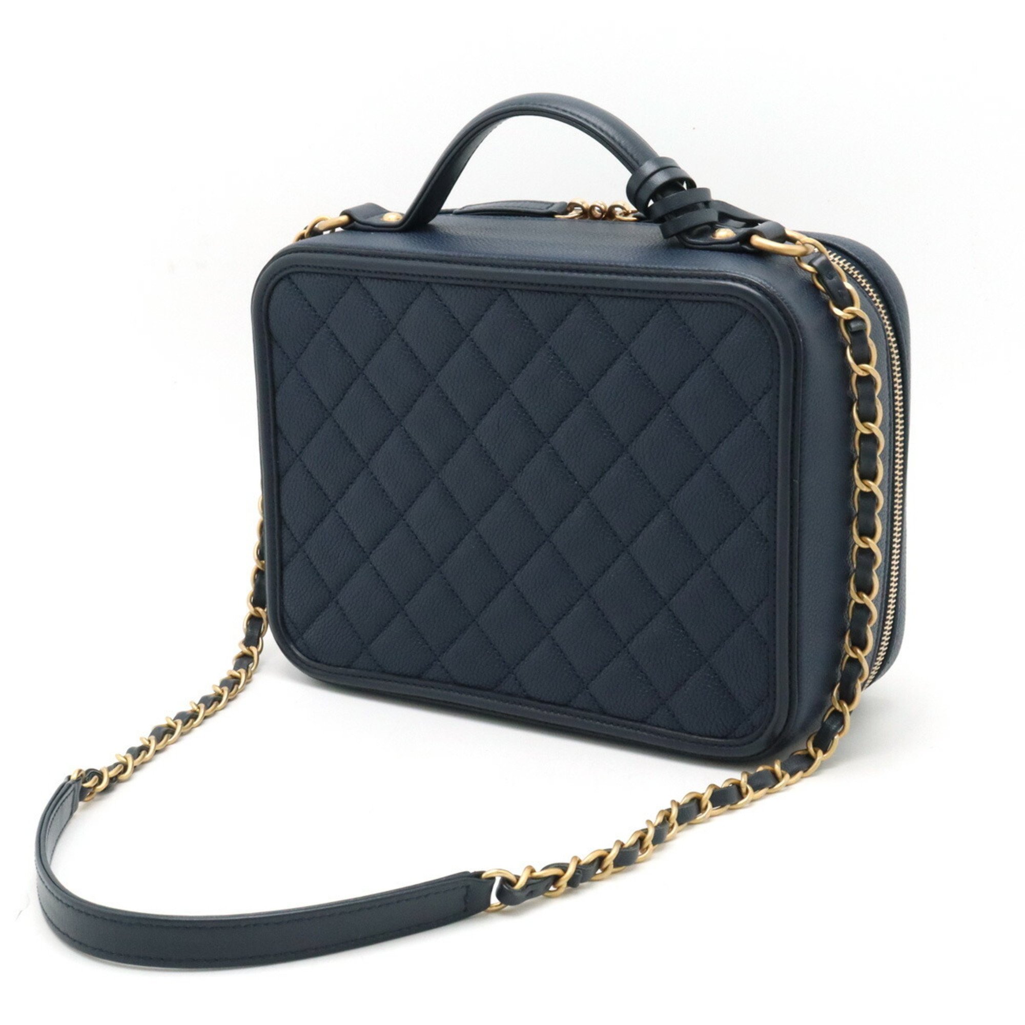 CHANEL CC Filigree Matelasse Vanity Case Handbag Chain Shoulder Caviar Skin Navy A93344