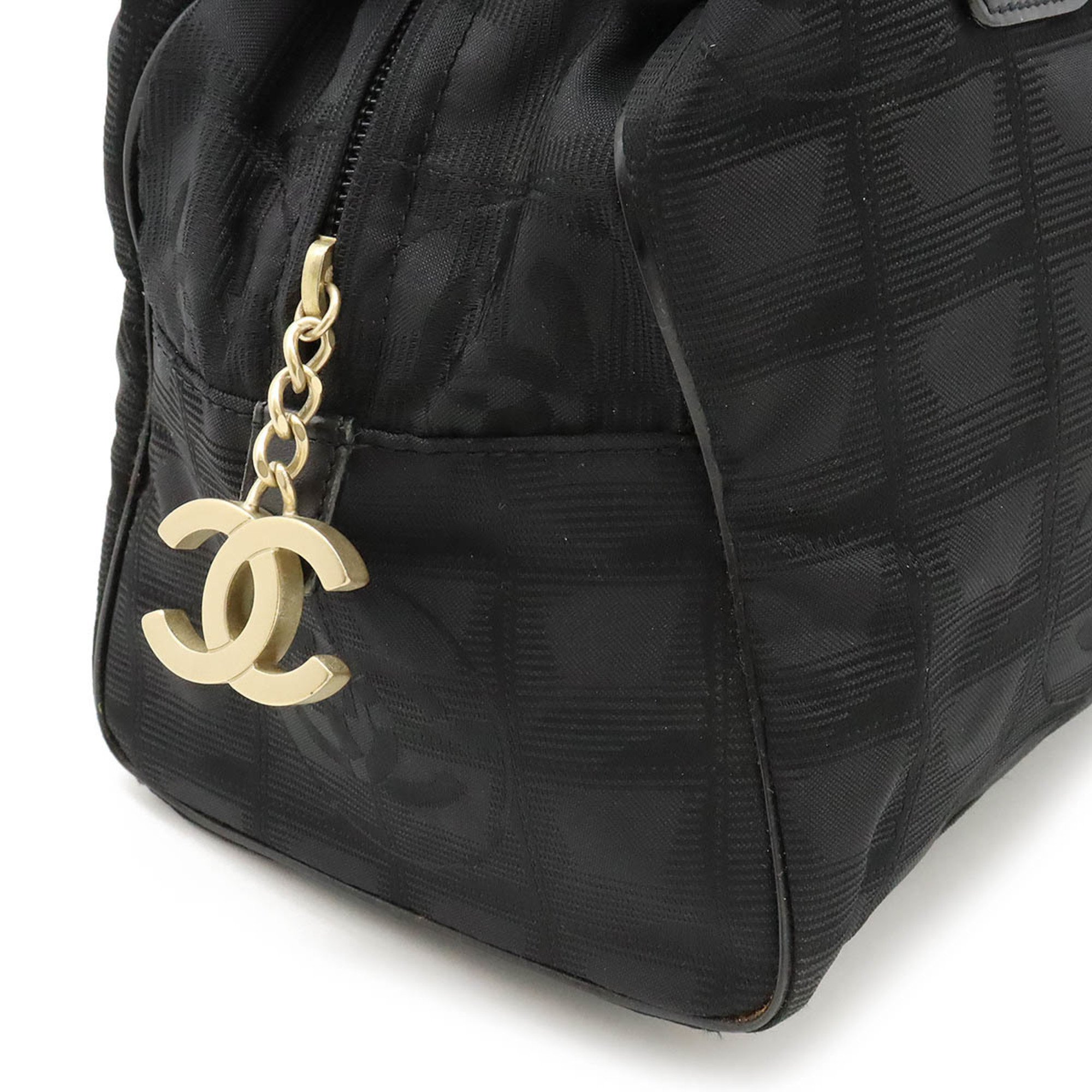 CHANEL New Travel Line Boston Handbag Nylon Jacquard Leather Black A30916