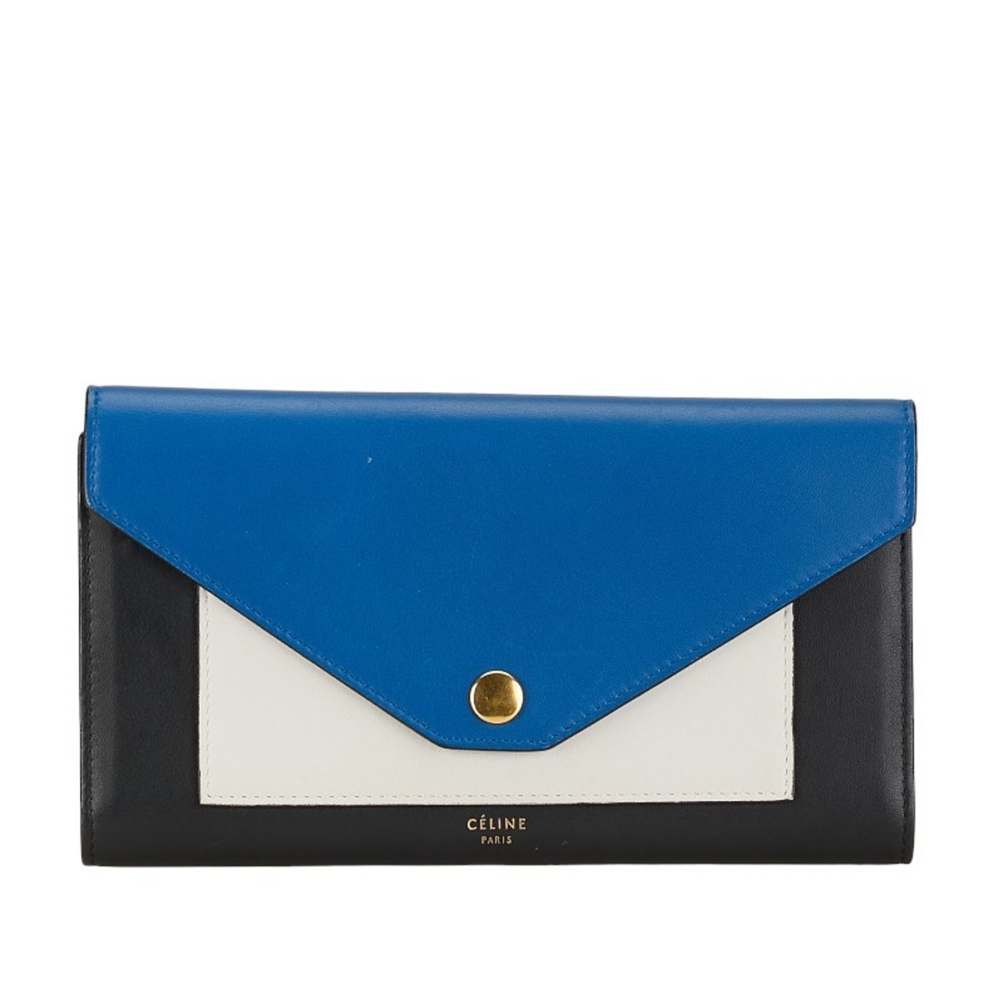 CELINE Trifold Long Wallet 105853 Black Blue White Calfskin Women's