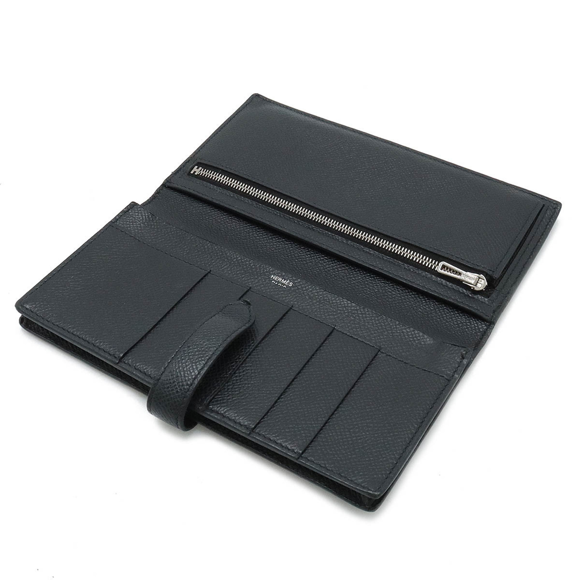 HERMES Bearn Soufflet Bi-fold Long Wallet Veau Epsom Leather Black D Stamp