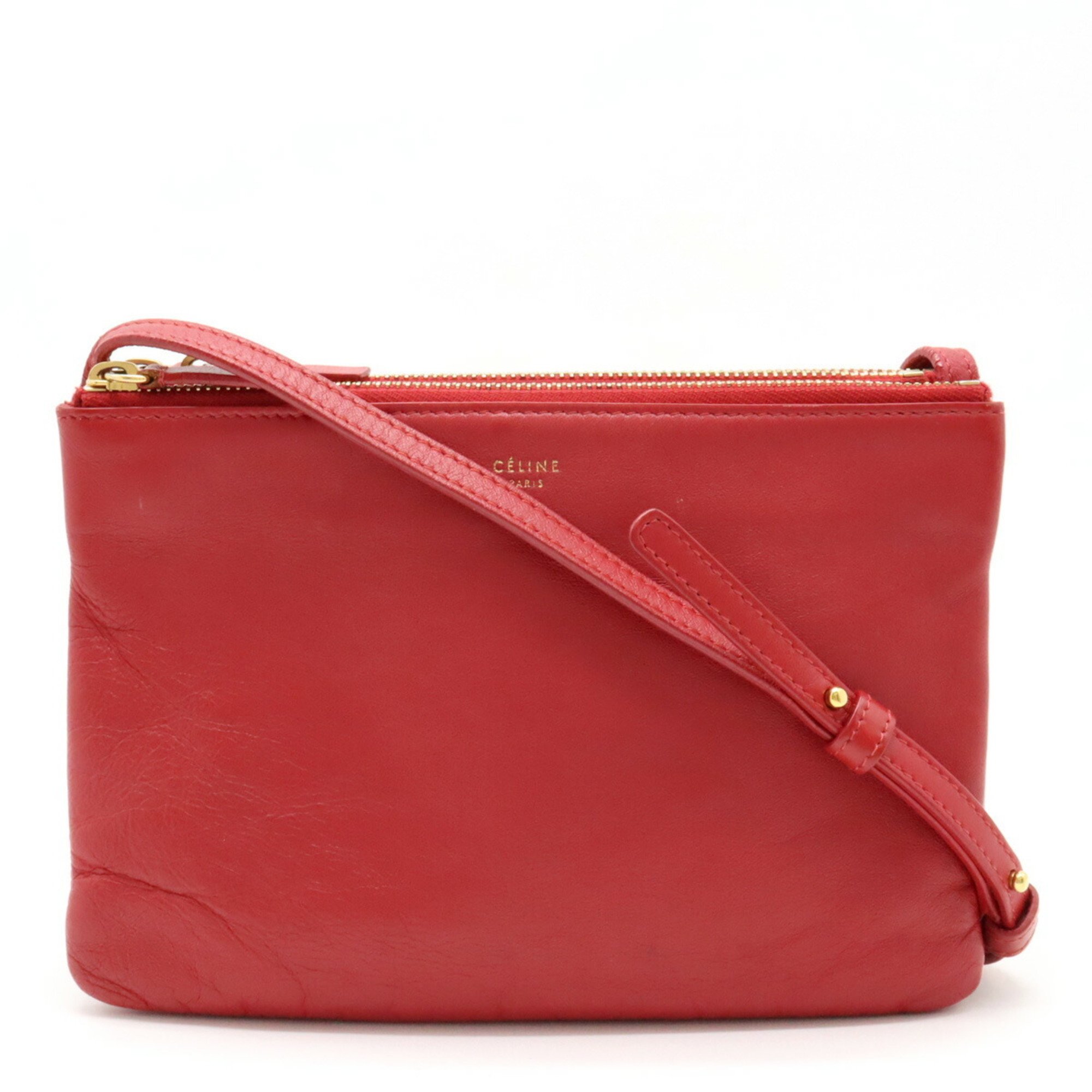 CELINE Trio Small Shoulder Bag Pochette Pouch Lambskin Leather Red 192033