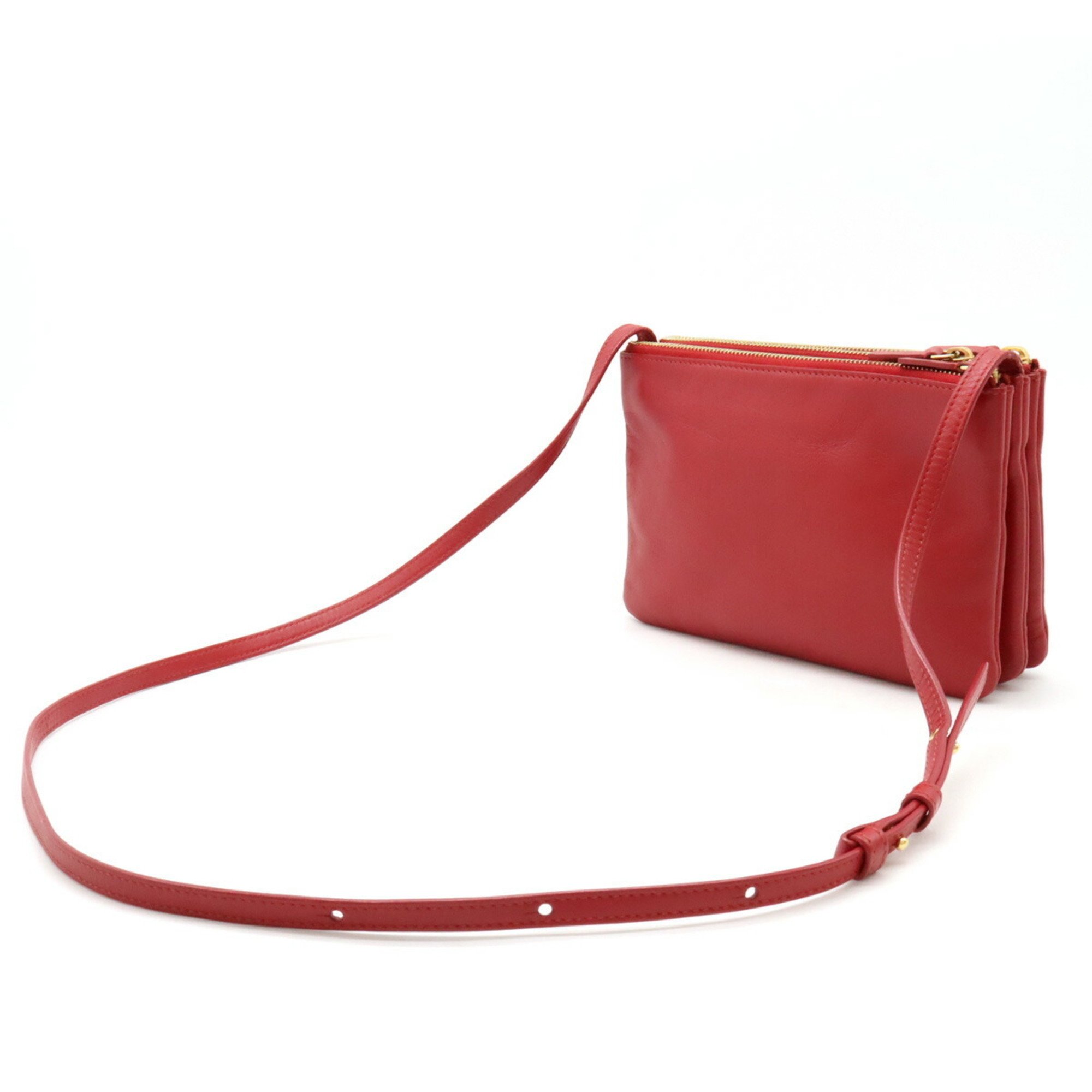 CELINE Trio Small Shoulder Bag Pochette Pouch Lambskin Leather Red 192033