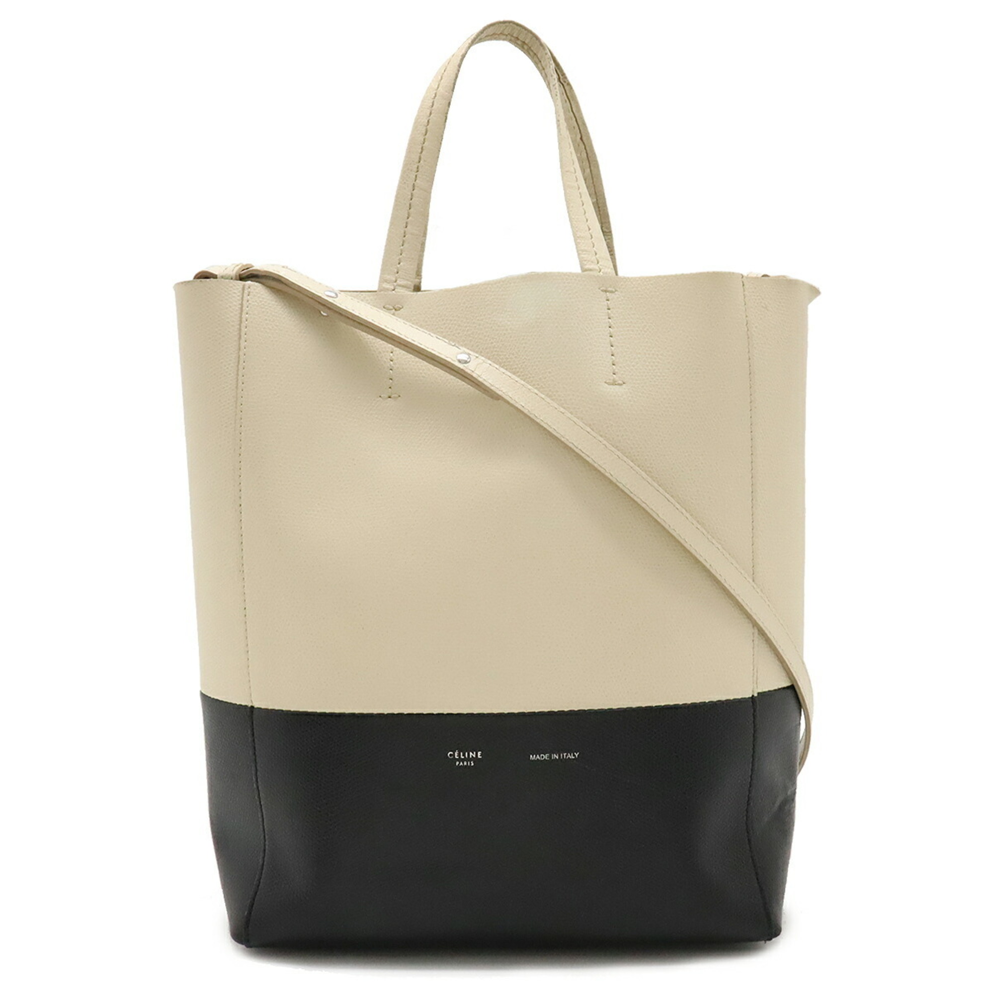 CELINE Vertical Cabas Small Tote Bag Shoulder Leather Bicolor Ivory Black 176163