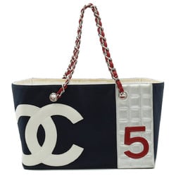 CHANEL Coco Mark No.5 Tote Bag Chain Shoulder Canvas Leather Navy Red Silver A18644
