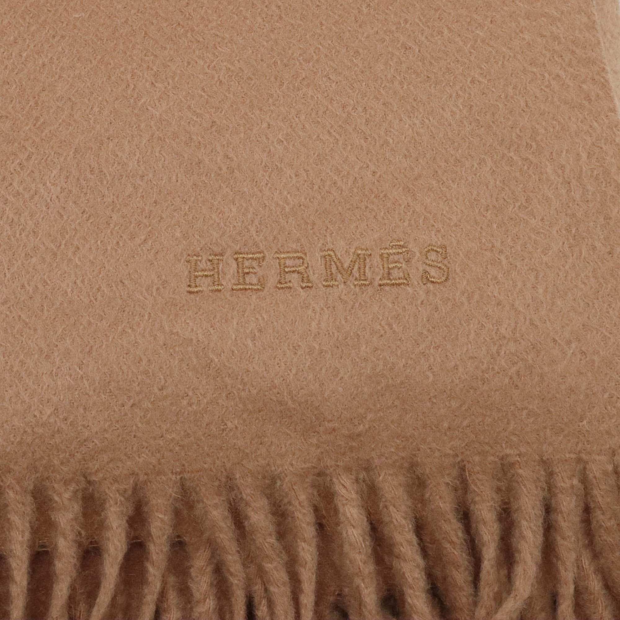 HERMES Hermes Large Stole, Knee Blanket, Embroidered, 100% Cashmere, Camel, Brown