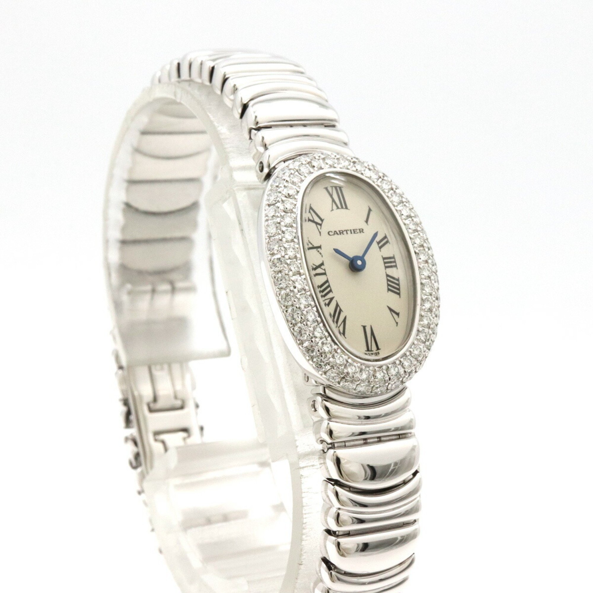 Cartier Baignoire Ivory Dial K18WG White Gold Bezel Diamond Ladies Quartz Watch WB5095L2
