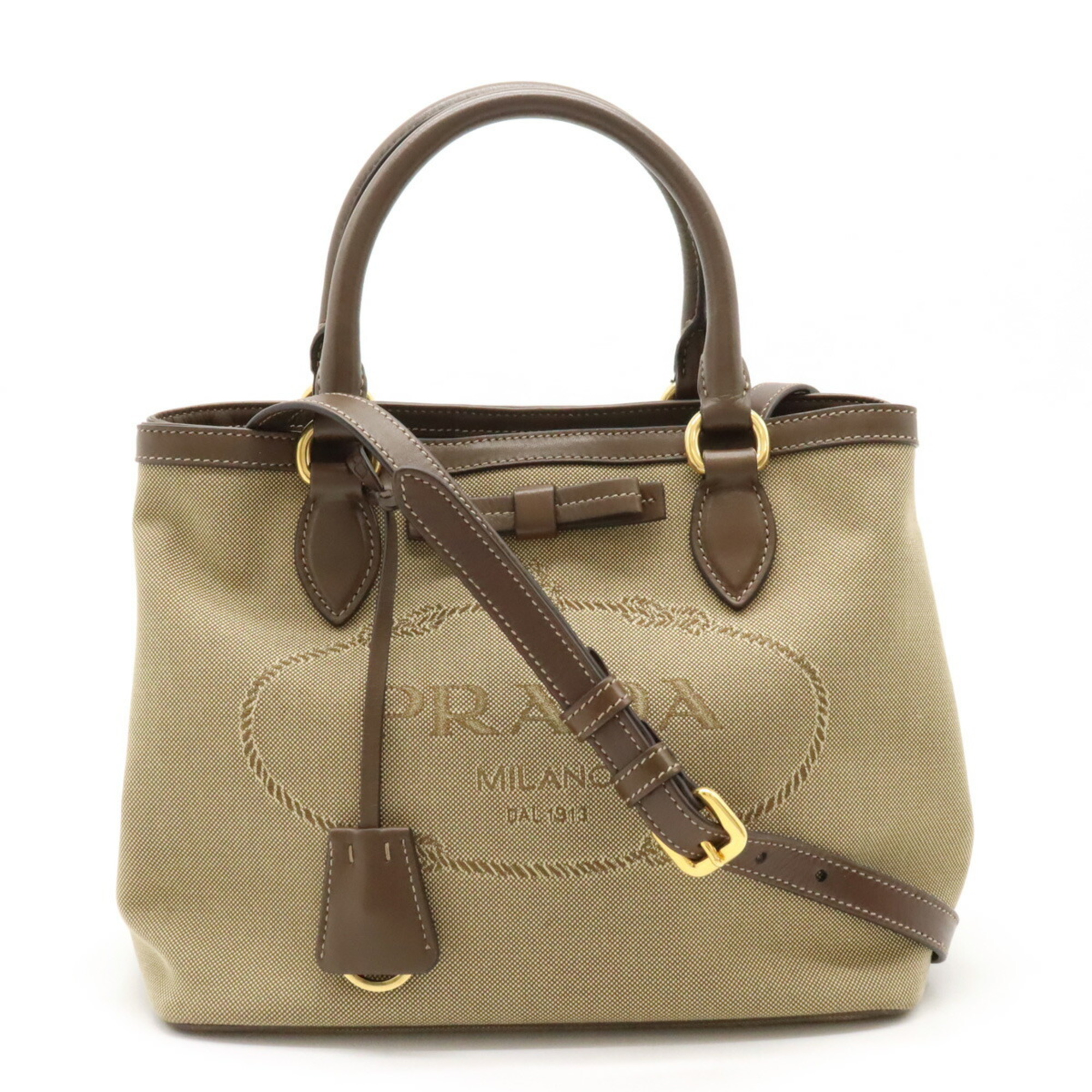 PRADA Prada Jacquard Handbag Shoulder Bag Canvas Leather CORDA Khaki Beige BRUCIA Mocha Brown Purchased at Japan Outlet 1BA172