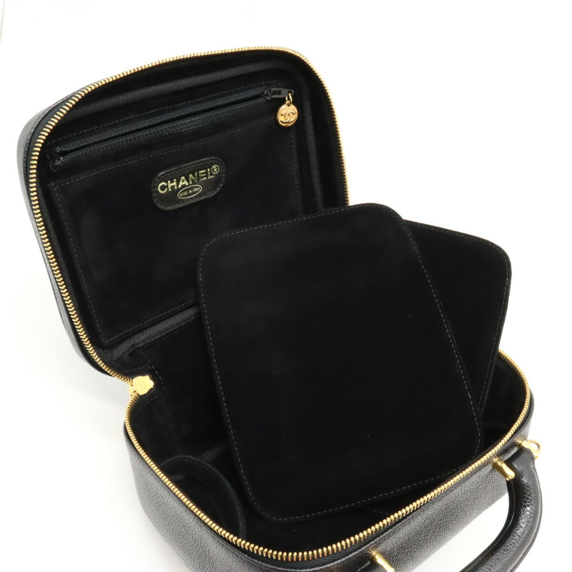 CHANEL Coco Mark Vanity Bag Handbag Pouch Shoulder Caviar Skin Black A07060