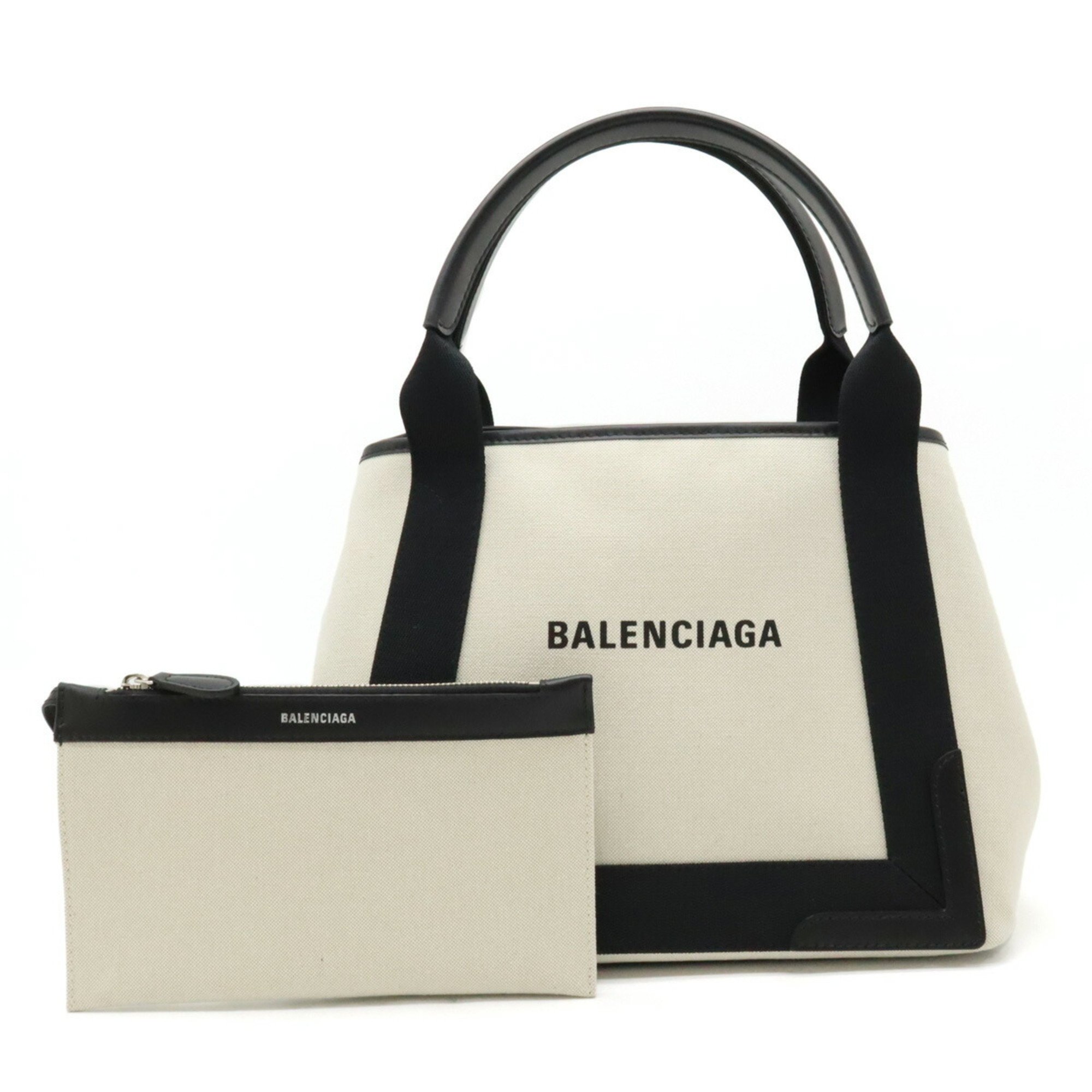 BALENCIAGA Navy Cabas Tote Bag Handbag Canvas Leather Natural Black 339933
