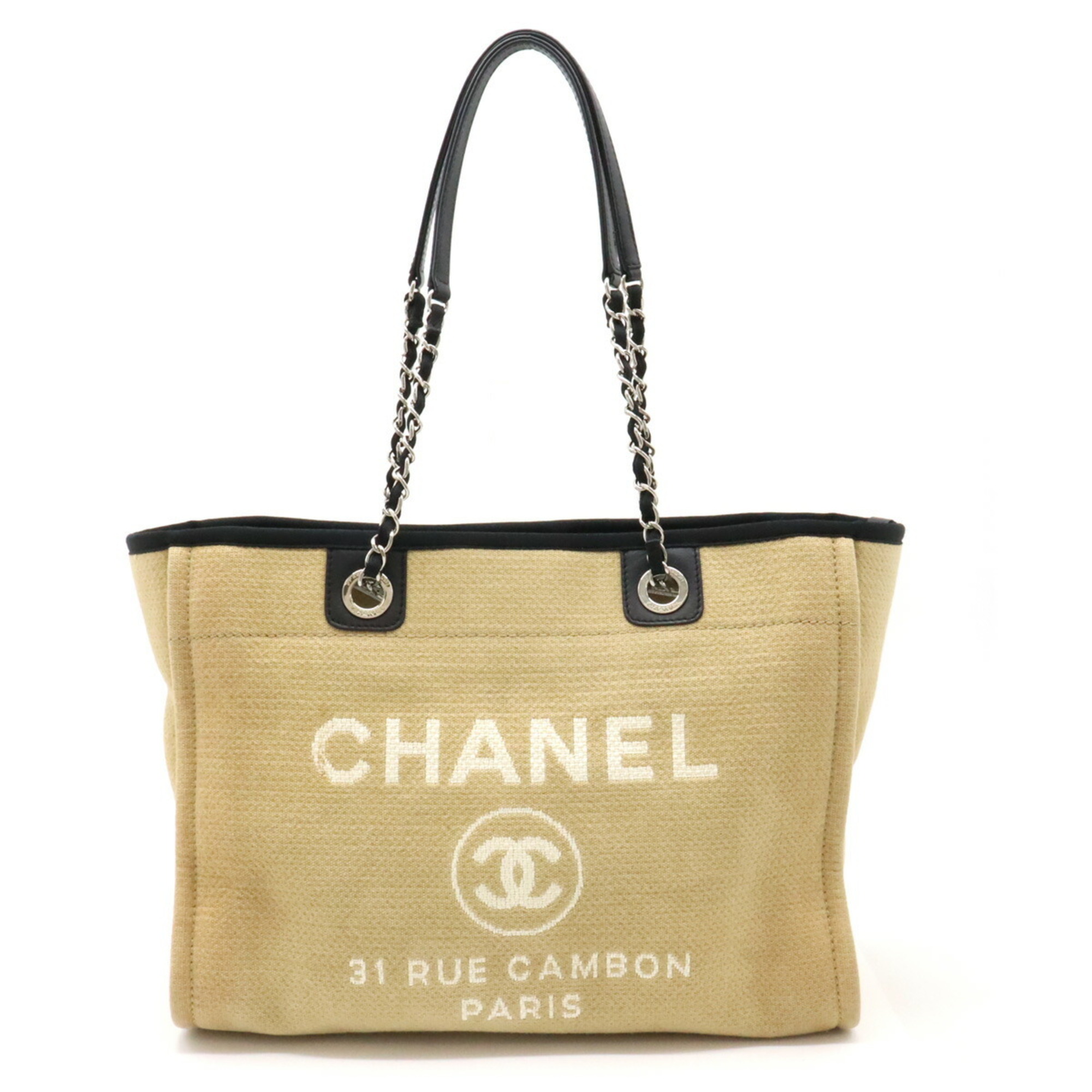 CHANEL Deauville Line Medium Tote MM Bag Chain Shoulder Beige Black A67001