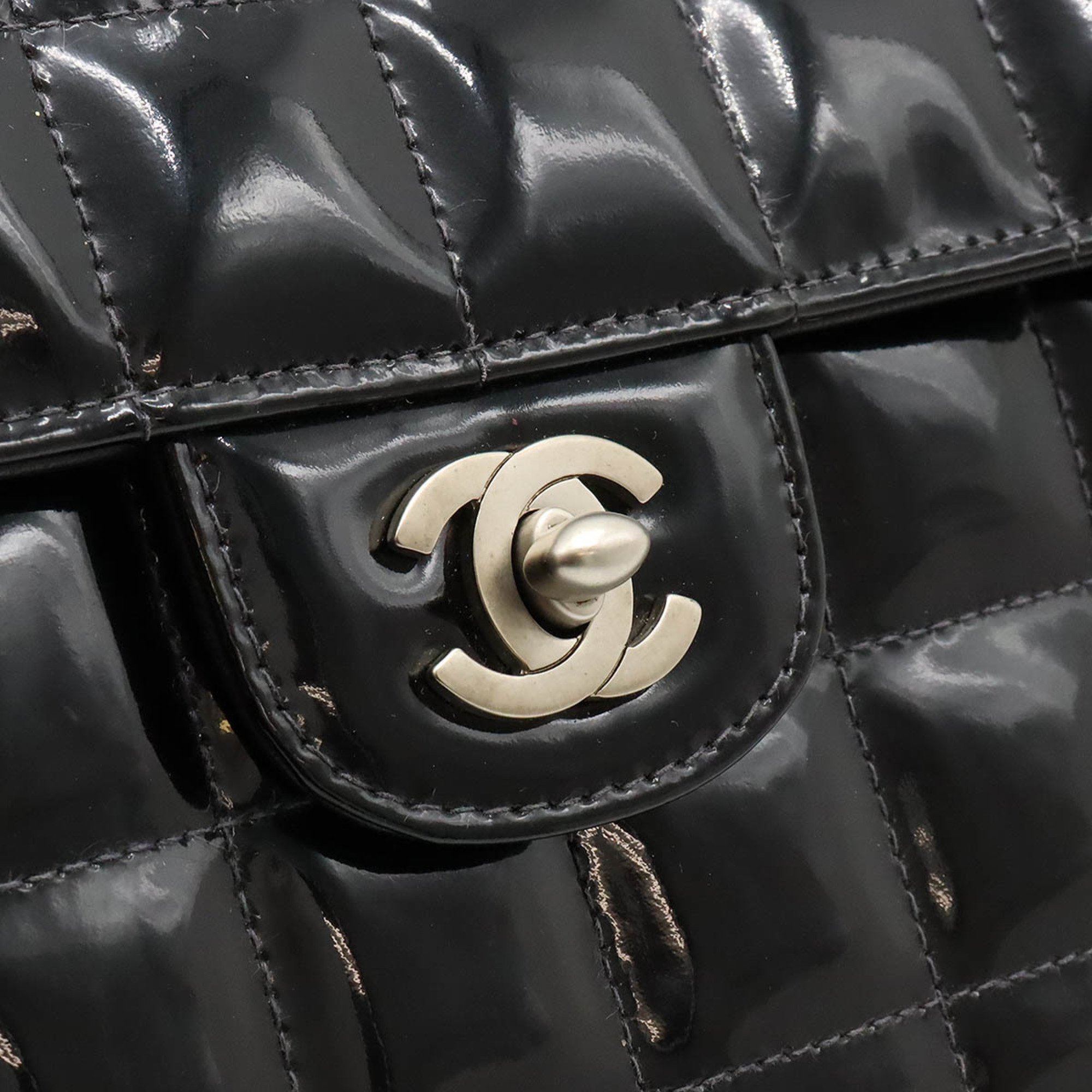 CHANEL Chocolate Bar Coco Mark Chain Shoulder Bag Patent Leather Black