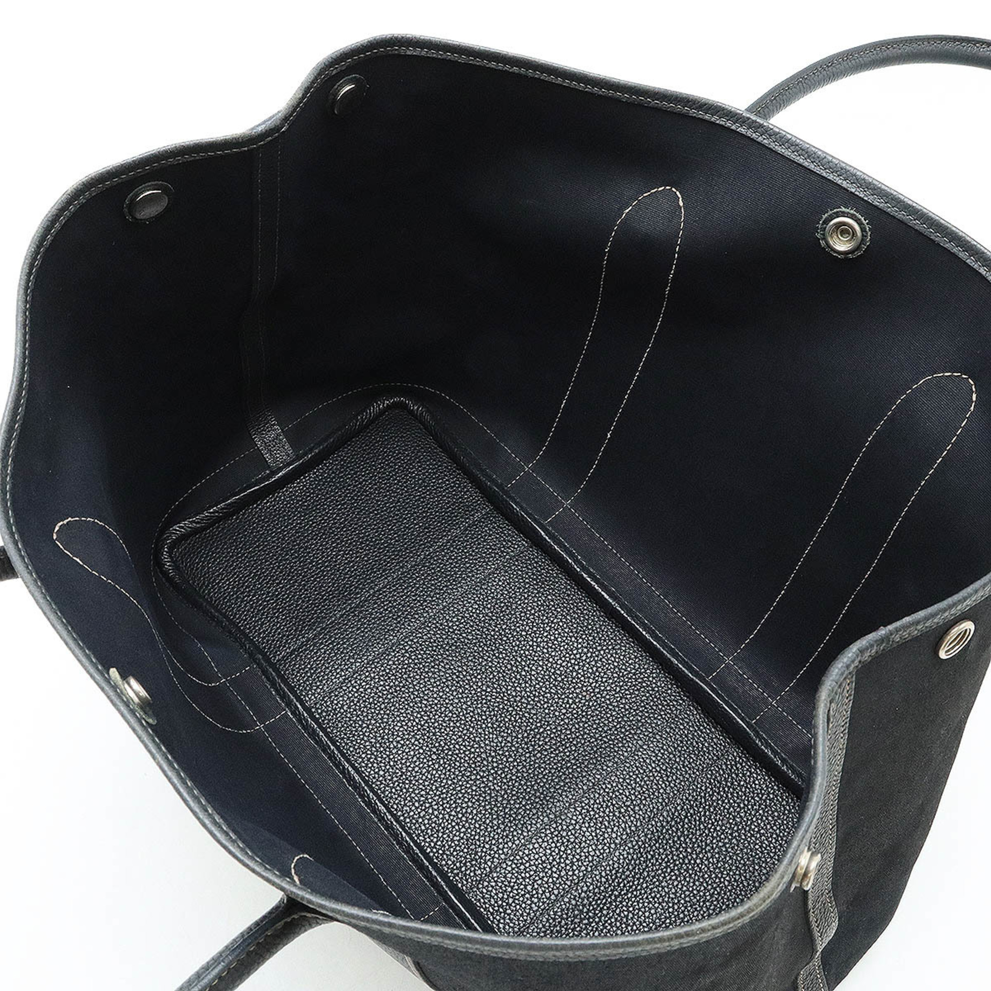 HERMES Garden PM Tote Bag Handbag Toile Officier Canvas Leather Black J Stamp