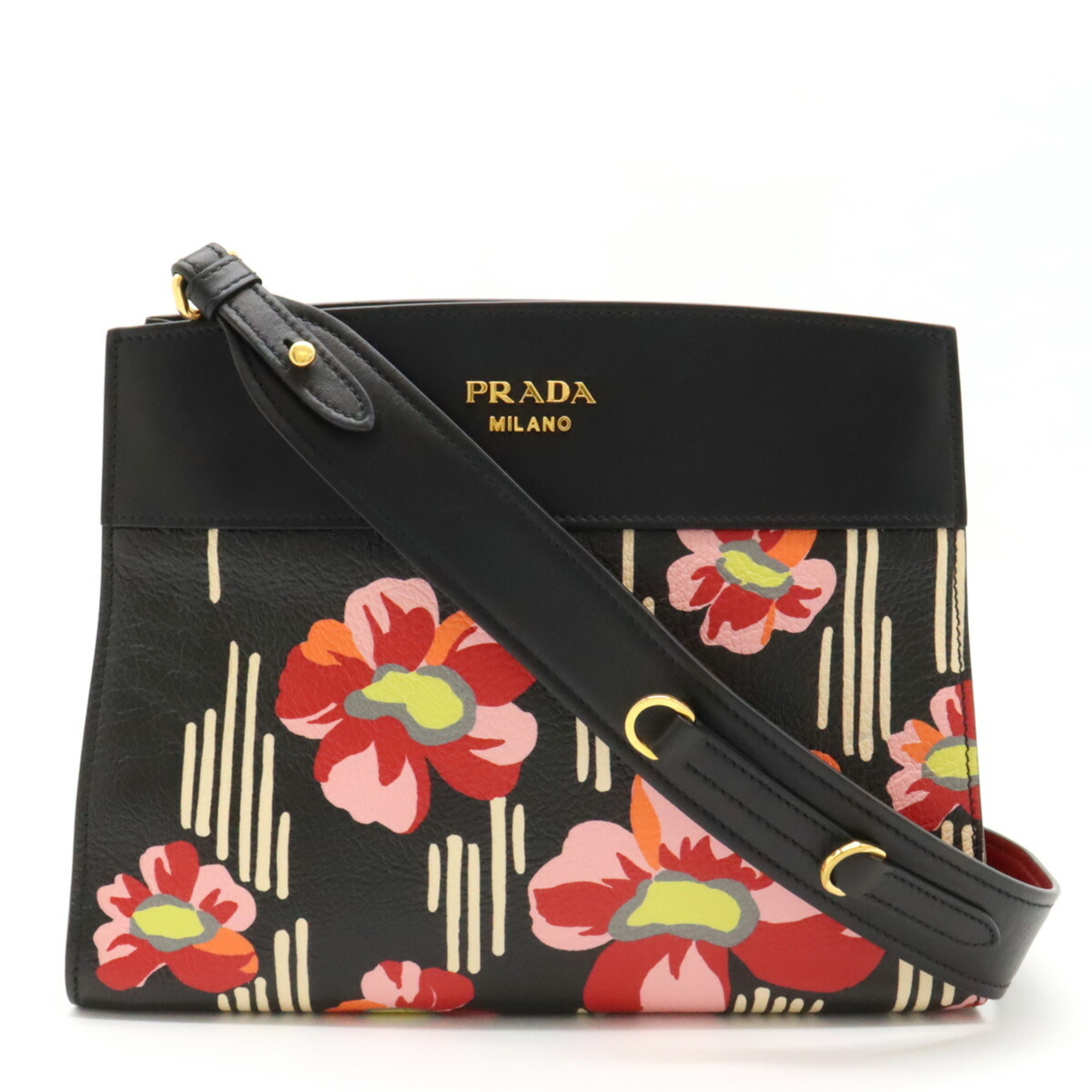 PRADA Prada Bibliothèque Shoulder Bag Flower Leather NERO Black FUOCO Red 1BC034