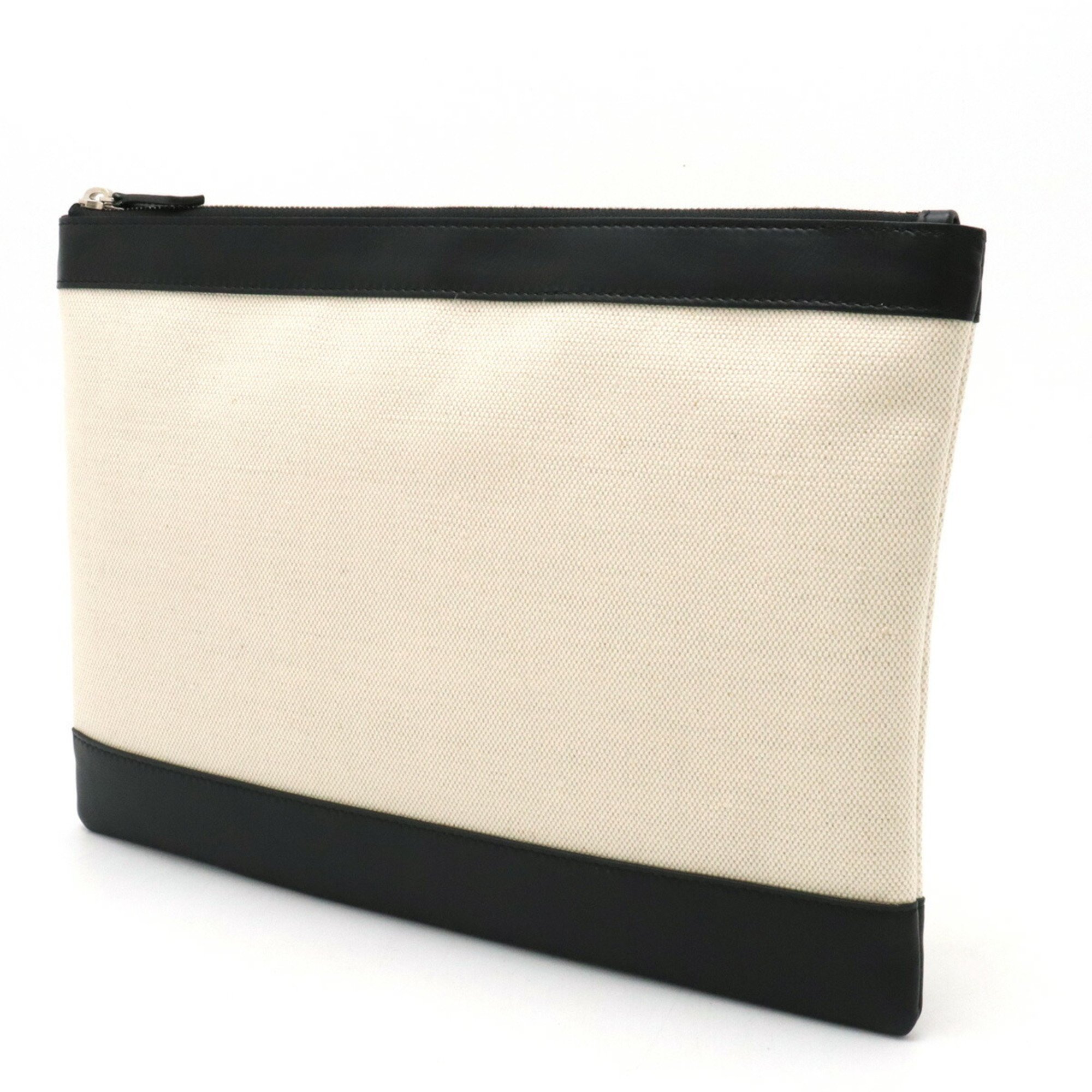 BALENCIAGA Navy Clip M Clutch Bag Second Pouch Canvas Leather Natural Black 373834