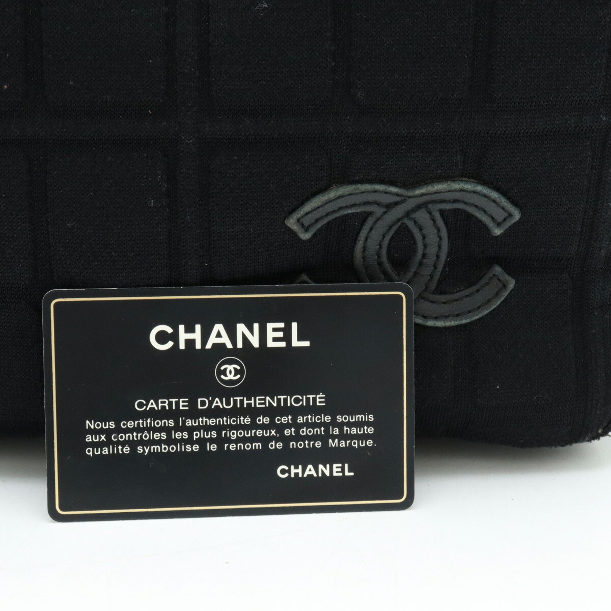 CHANEL Chocolate Bar Coco Mark Chain Tote Bag Shoulder Cotton Jersey Leather Black