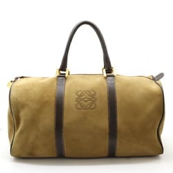 LOEWE Anagram Boston Bag Travel Handbag Suede Leather Bicolor Beige Dark Brown