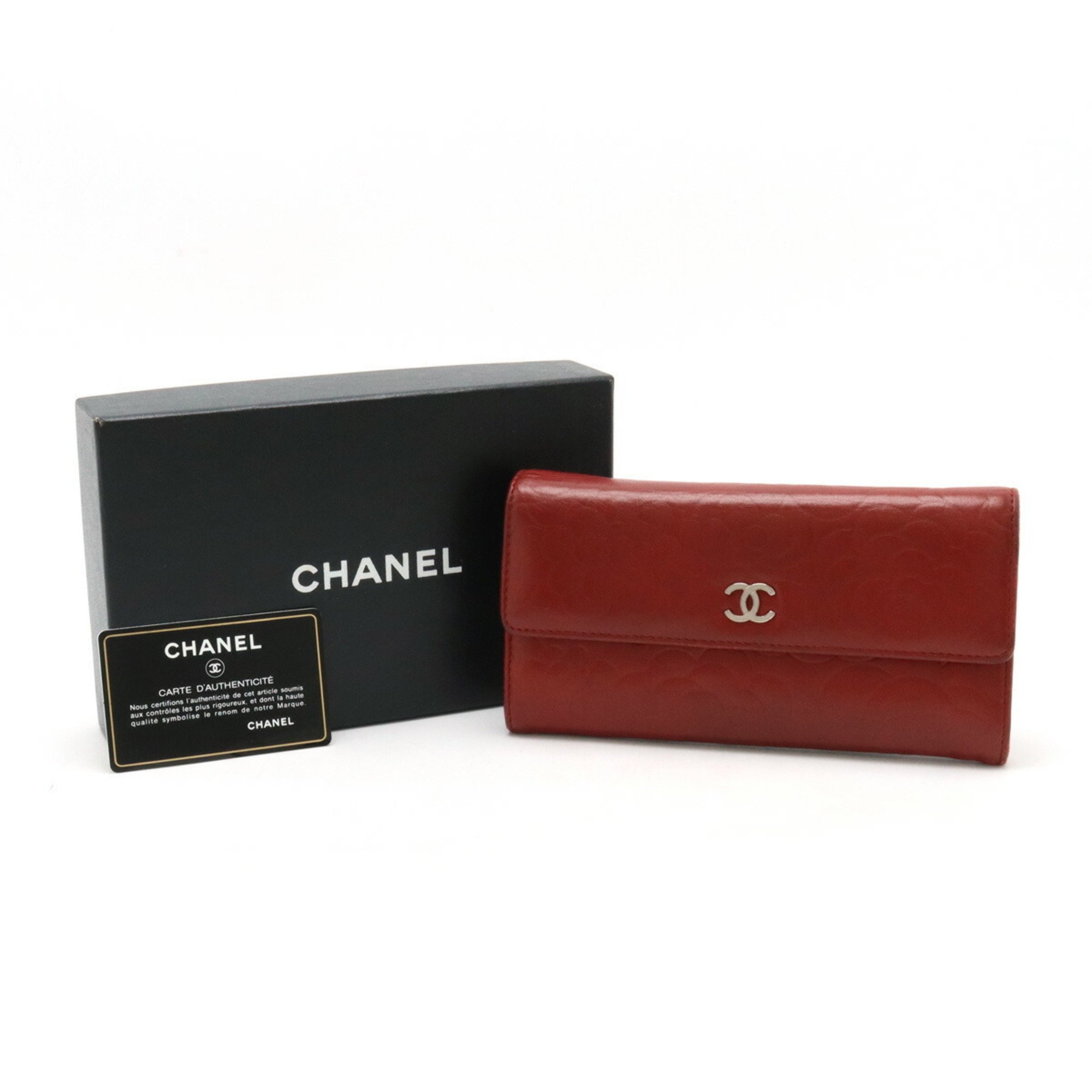 CHANEL Camellia Embossed Coco Mark Bi-fold Long Wallet Lambskin Leather Wine Red A82283