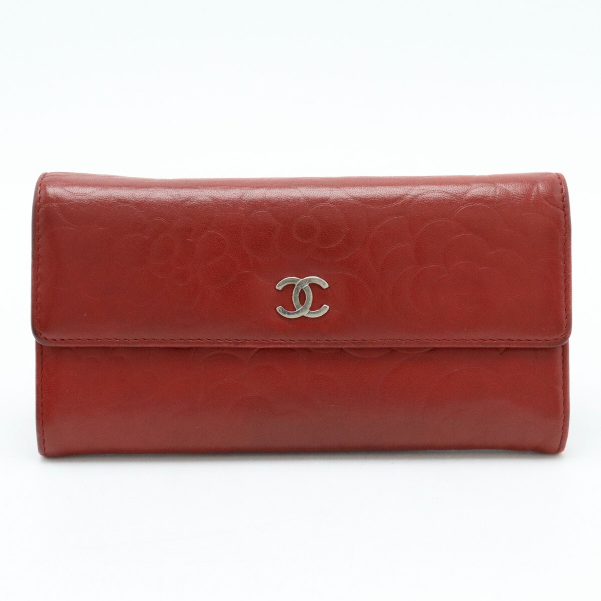 CHANEL Camellia Embossed Coco Mark Bi-fold Long Wallet Lambskin Leather Wine Red A82283