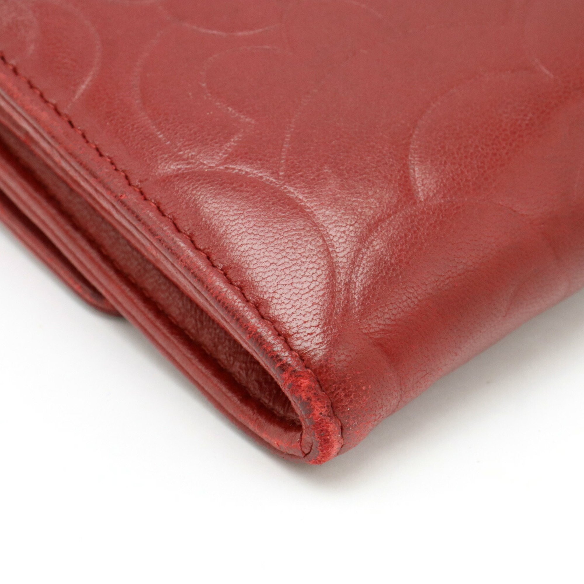 CHANEL Camellia Embossed Coco Mark Bi-fold Long Wallet Lambskin Leather Wine Red A82283