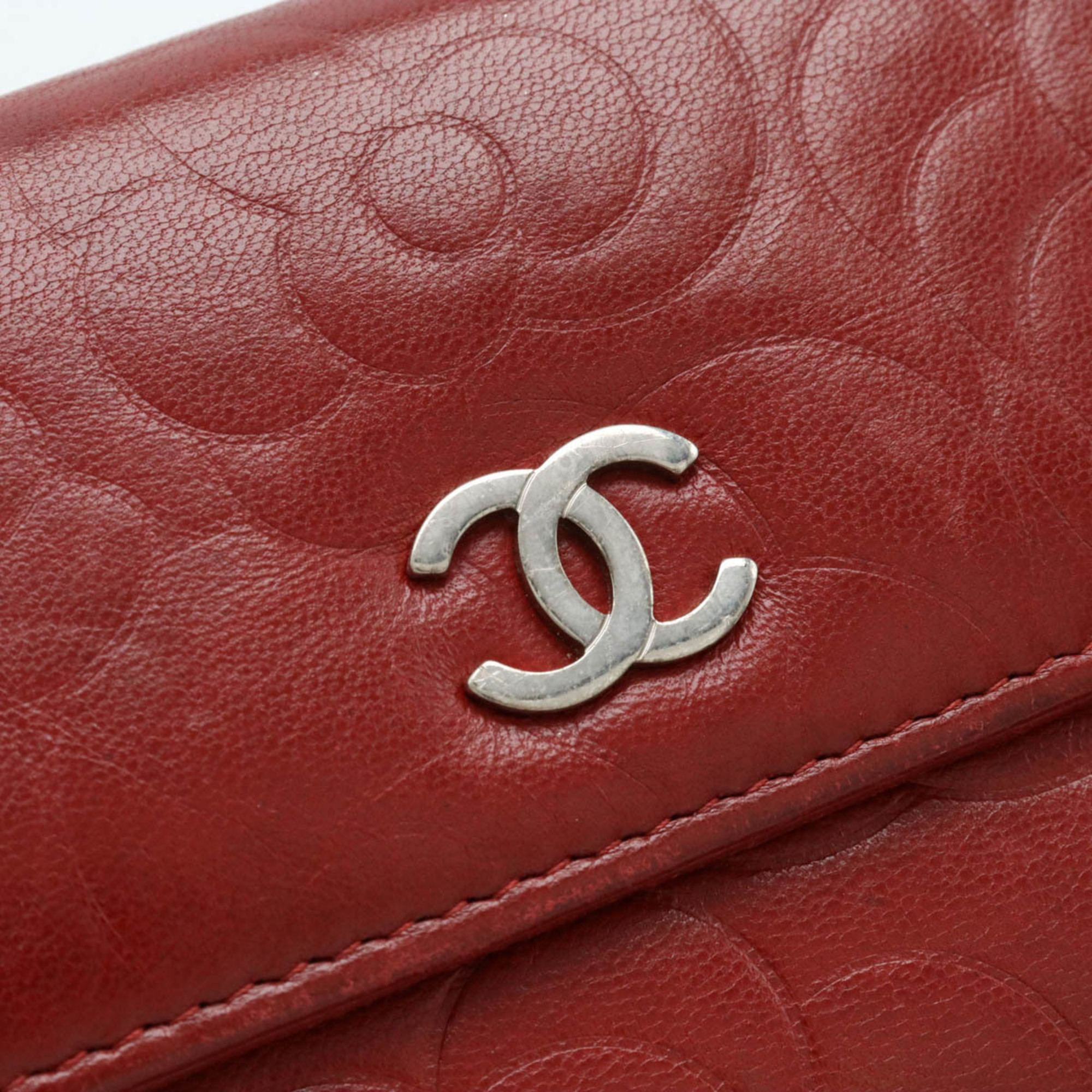 CHANEL Camellia Embossed Coco Mark Bi-fold Long Wallet Lambskin Leather Wine Red A82283