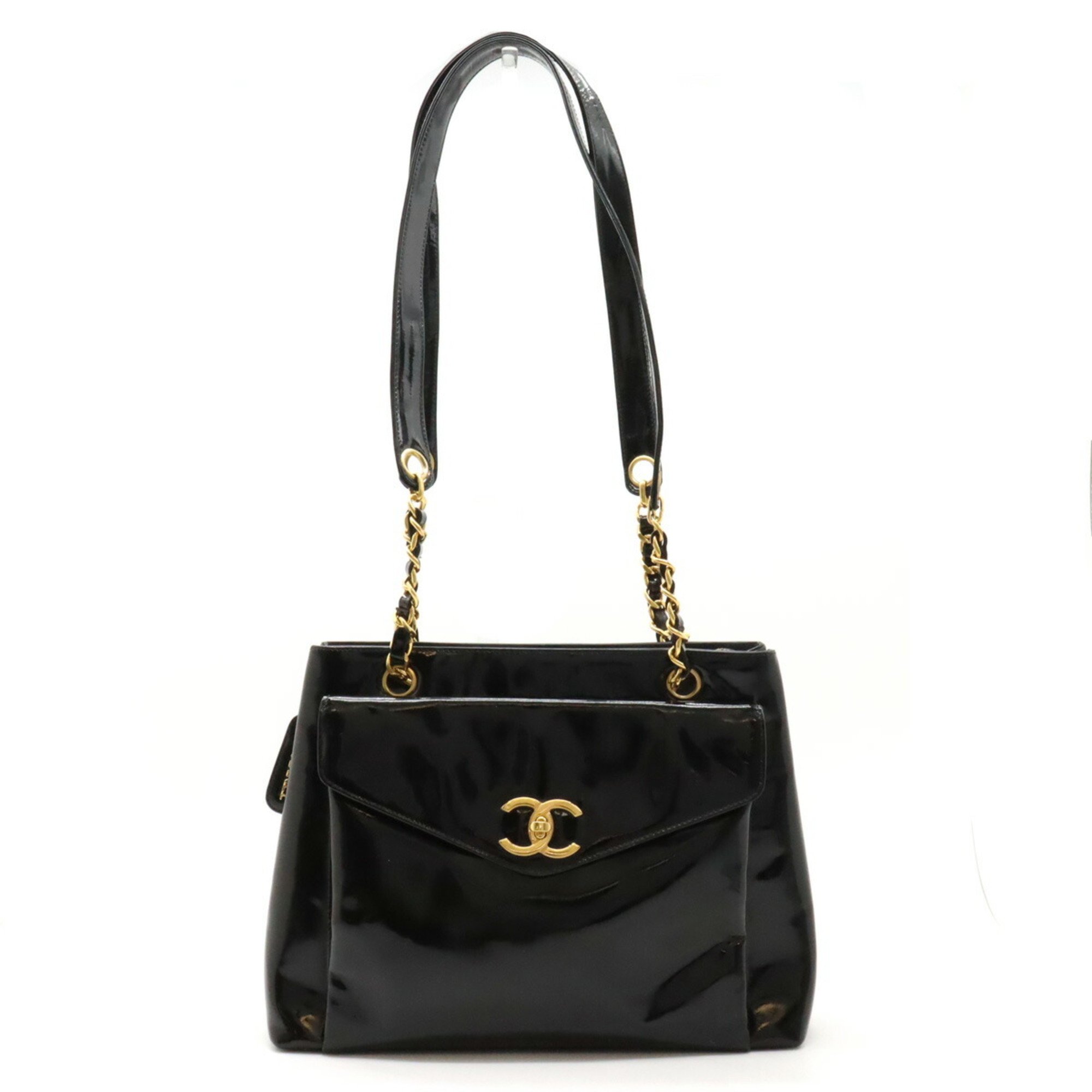 CHANEL Coco Mark Chain Shoulder Bag Enamel Leather Black A05572