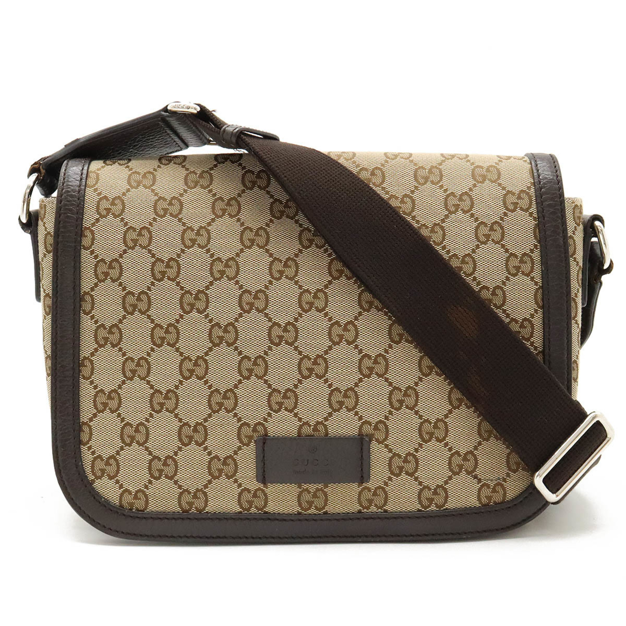 GUCCI GG canvas shoulder bag leather khaki beige dark brown 449172