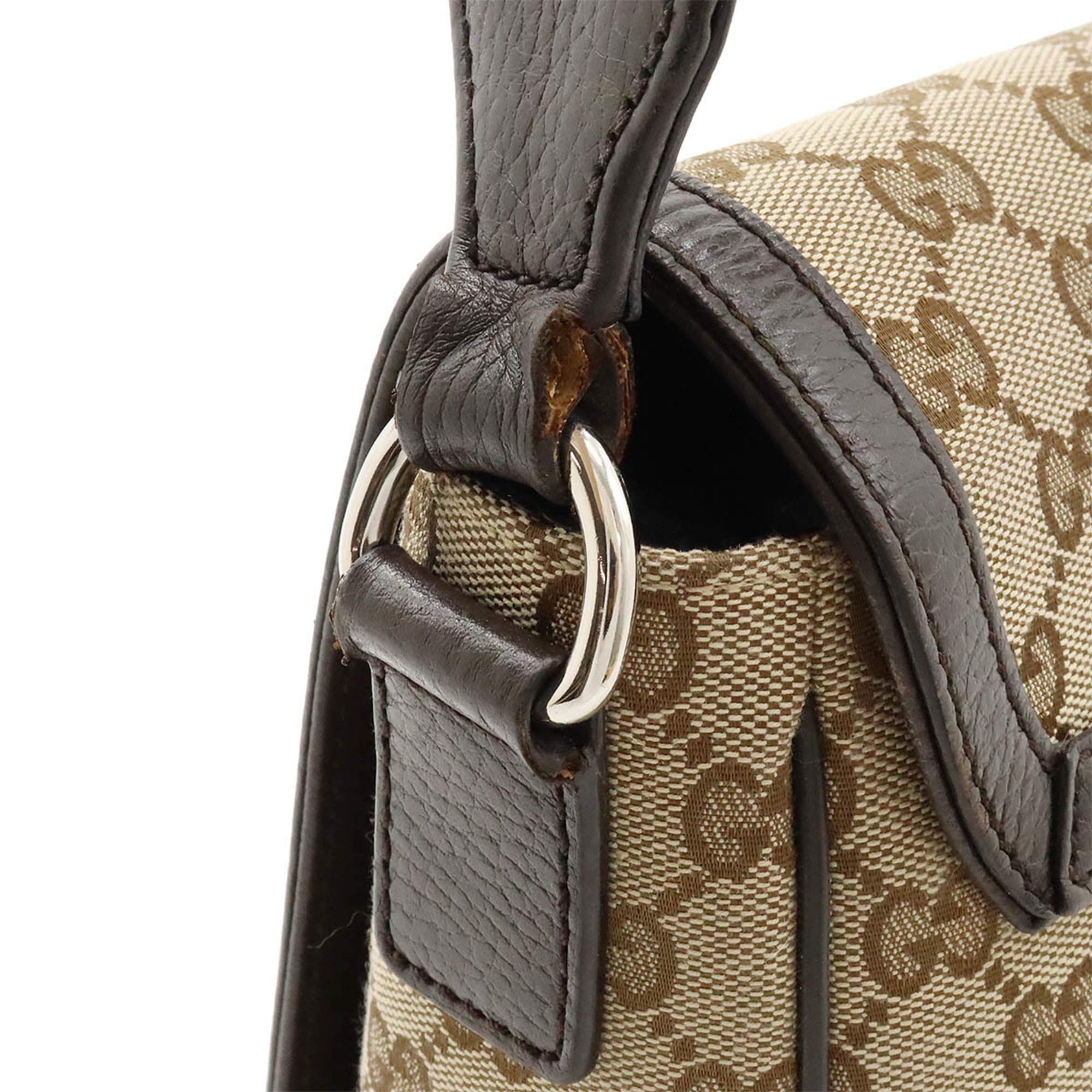 GUCCI GG canvas shoulder bag leather khaki beige dark brown 449172