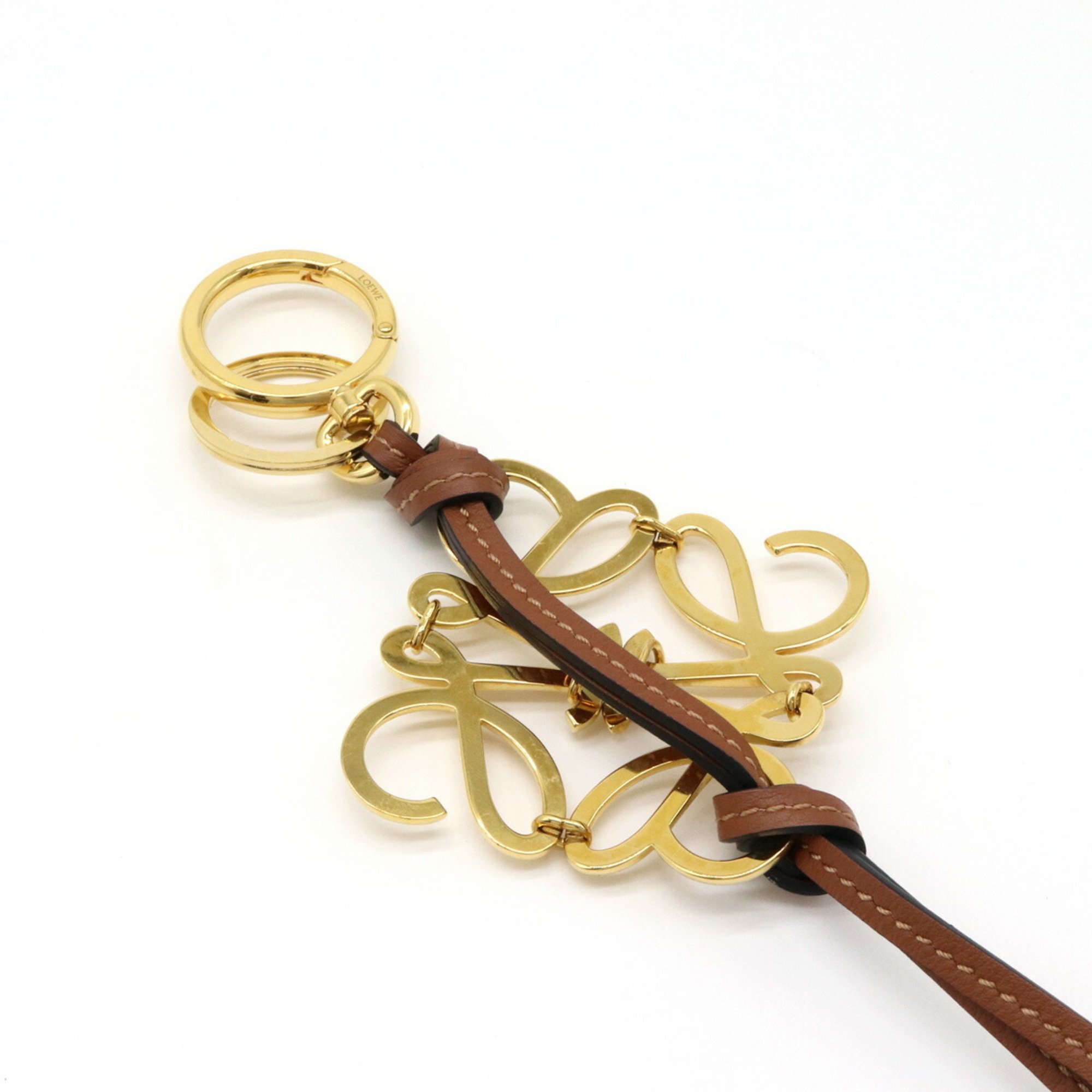 LOEWE Anagram Key Ring Holder Bag Charm Leather Brown
