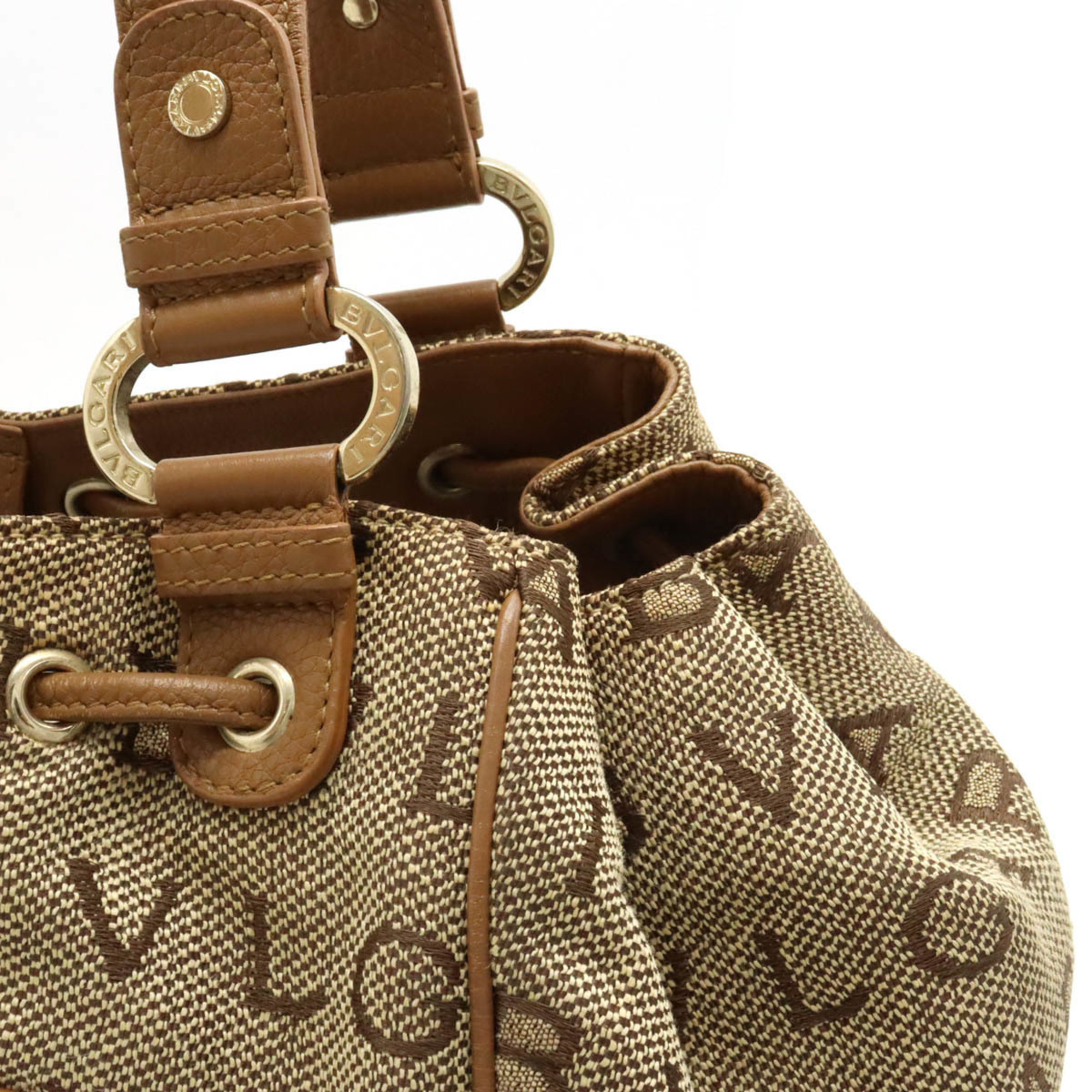 BVLGARI Bvlgari Mania Maxillettare Tote Bag Shoulder Jacquard Canvas Leather Beige Brown