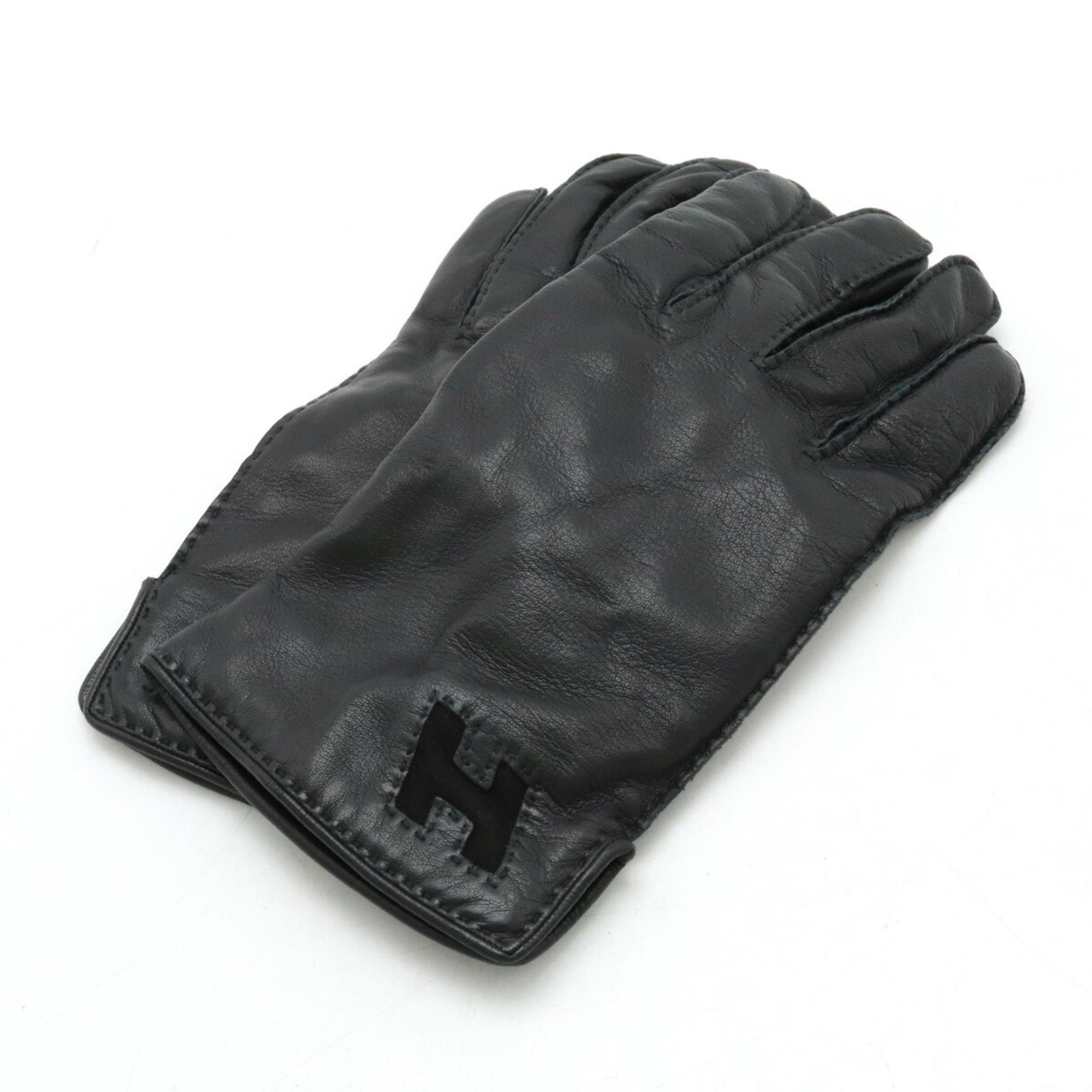 HERMES H Gloves Lambskin Leather 100% Cashmere Black #7.5