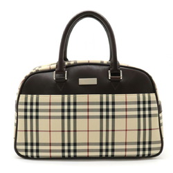 BURBERRY Nova Check Pattern Handbag Boston Nylon Canvas Leather Beige Dark Brown Bordeaux