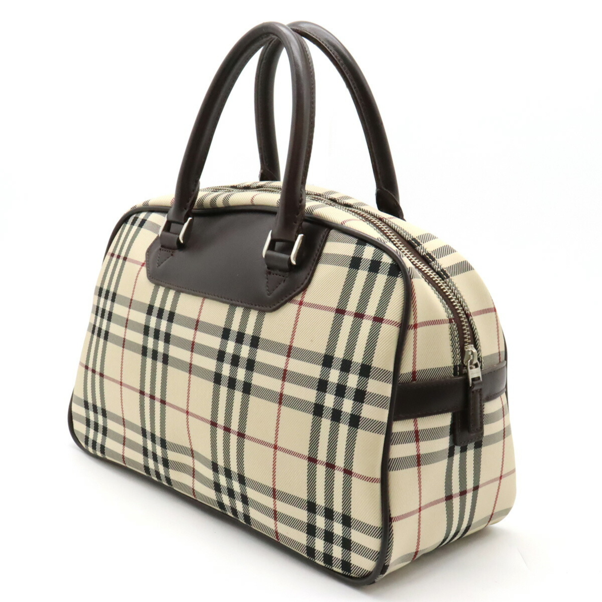 BURBERRY Nova Check Pattern Handbag Boston Nylon Canvas Leather Beige Dark Brown Bordeaux