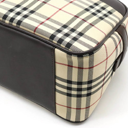 BURBERRY Nova Check Pattern Handbag Boston Nylon Canvas Leather Beige Dark Brown Bordeaux