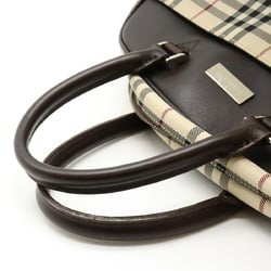 BURBERRY Nova Check Pattern Handbag Boston Nylon Canvas Leather Beige Dark Brown Bordeaux