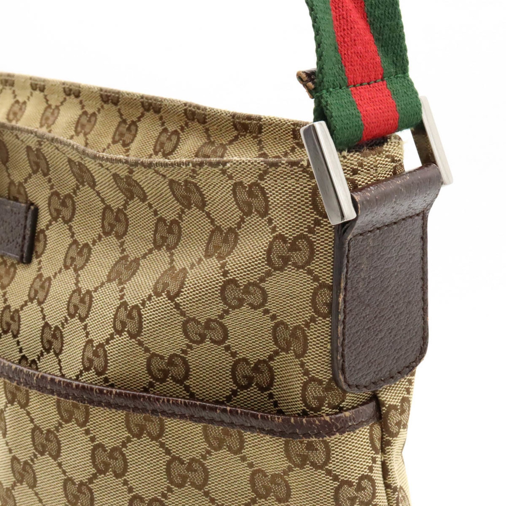 GUCCI Gucci GG Canvas Sherry Line Web Shoulder Bag Leather Khaki Beige Dark Brown 189751